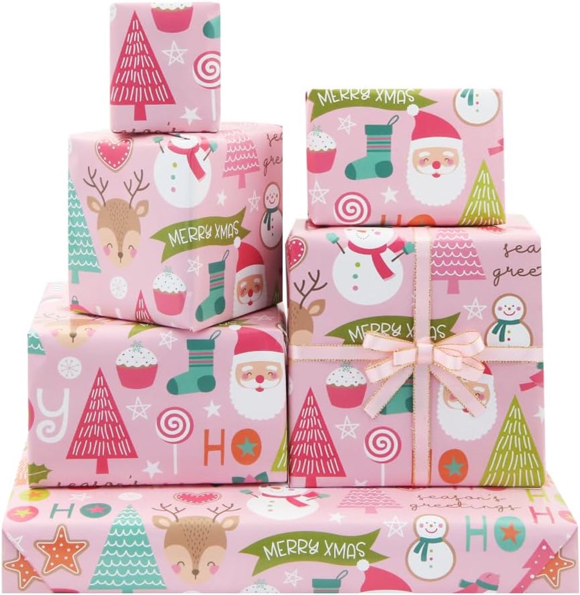 Inpakpapier roze, 6 vellen papier met 3 meter roze lint, plat gevouwen 52x75 cm, voor kinderen meisjes vrouwen unieke kerst decoratieve papier en cadeauverpakking, babyshower, verjaardag