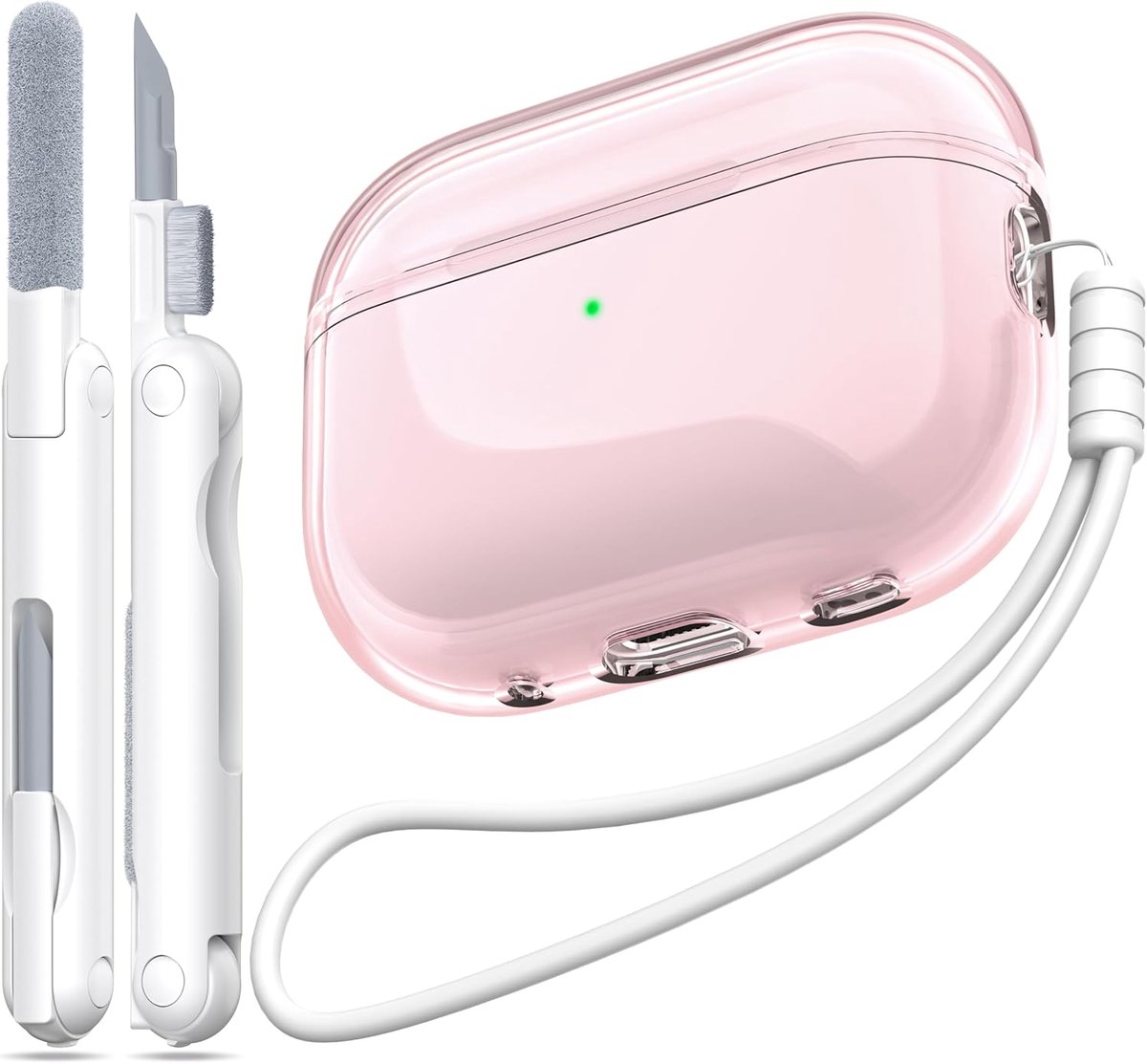 Pro 2e/1e generatie hoes, compatibel met Airpods Pro Case 2e generatie USB C-oplaadpoort, doorzichtige zachte schokbestendige hoes met sleutelkoordreinigingspen,Roze
