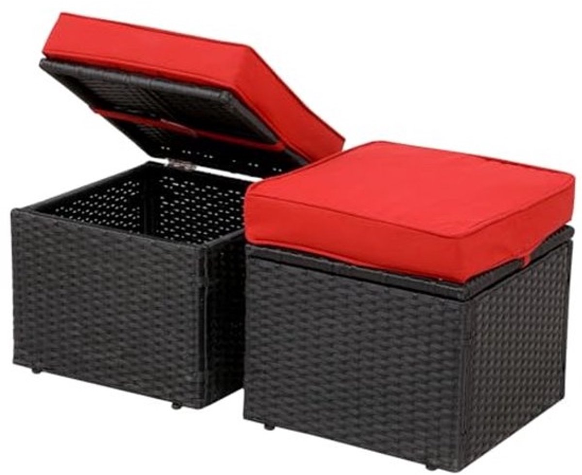 Opvallende Rode/Zwarte 16,5 Inch Rieten Ottomanen Set voor Buiten - 2-delige Voetensteunen met Waterdichte Kussens