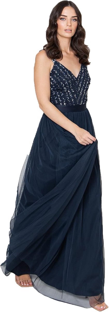 Deluxe Maya Mouwloze Streep Versierde Maxi Jurk Prom, Navy, 14