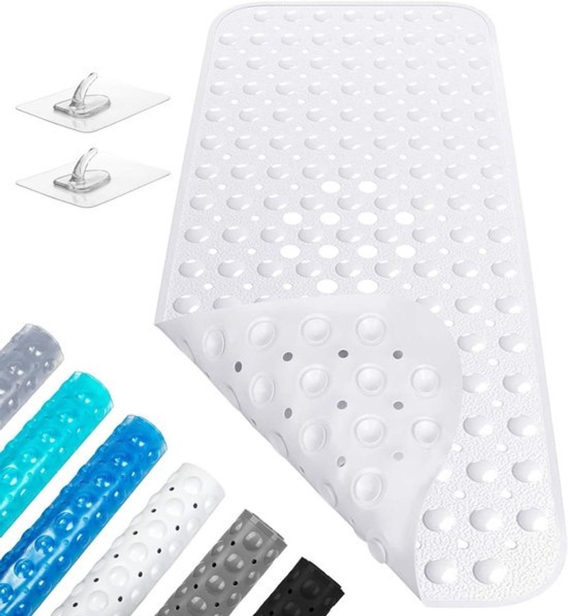 Shower Mat 100 x 40 cm Non-Slip Machine Washable (White + 2 Hooks)