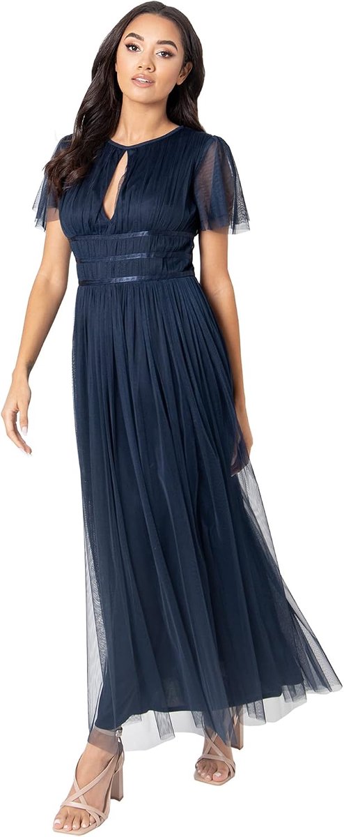 With Love Midaxi-jurk voor dames, hoge taille, sleutelgat, korte fladdermouwen, ronde hals voor bruiloft, gast, bruidsmeisjes, gala, Donkerblauw, 46