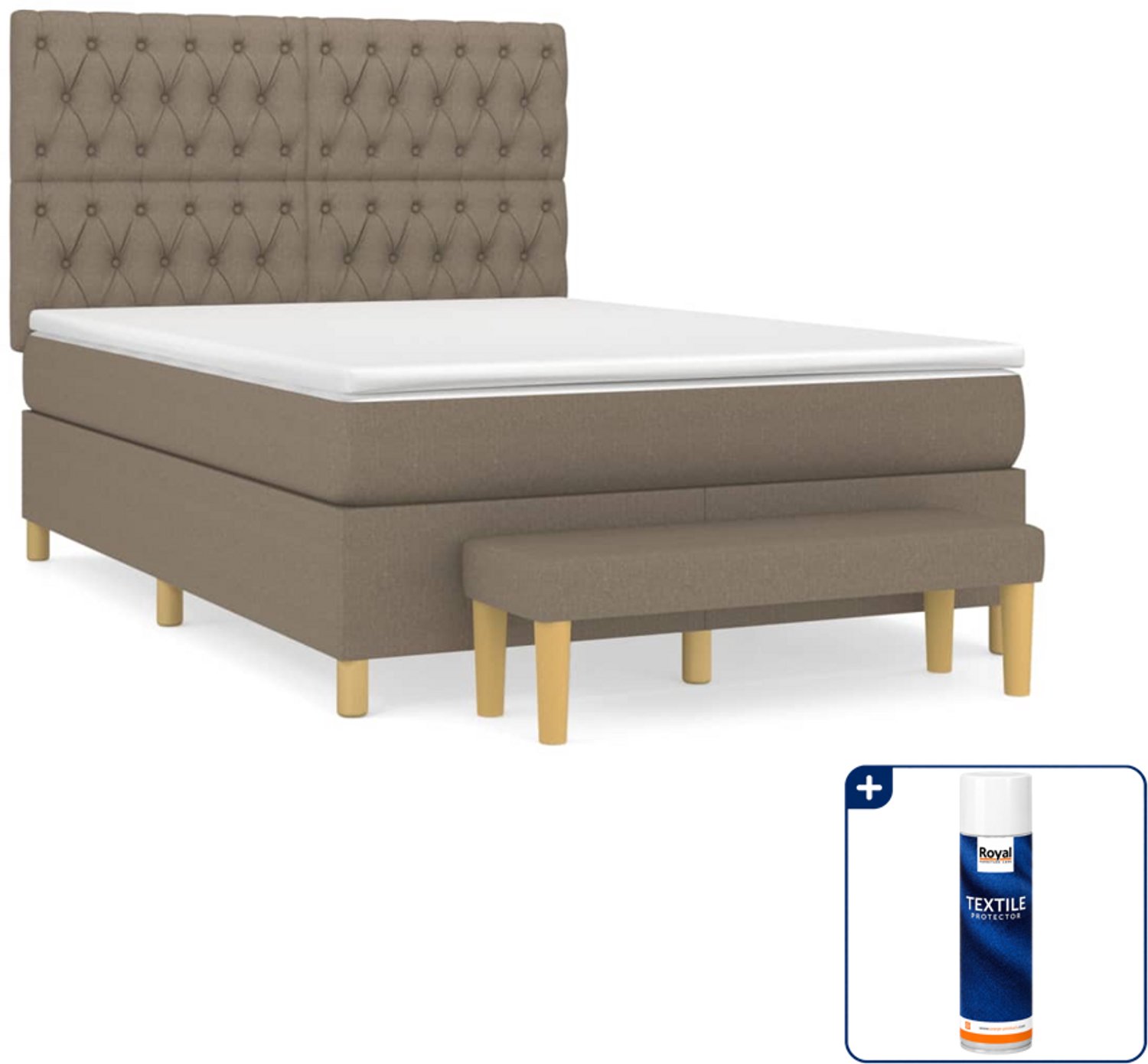 vidaXL boxspring met matras en bankje - 140 x 190 cm - taupe - Inclusief textielbeschermer 500 ml