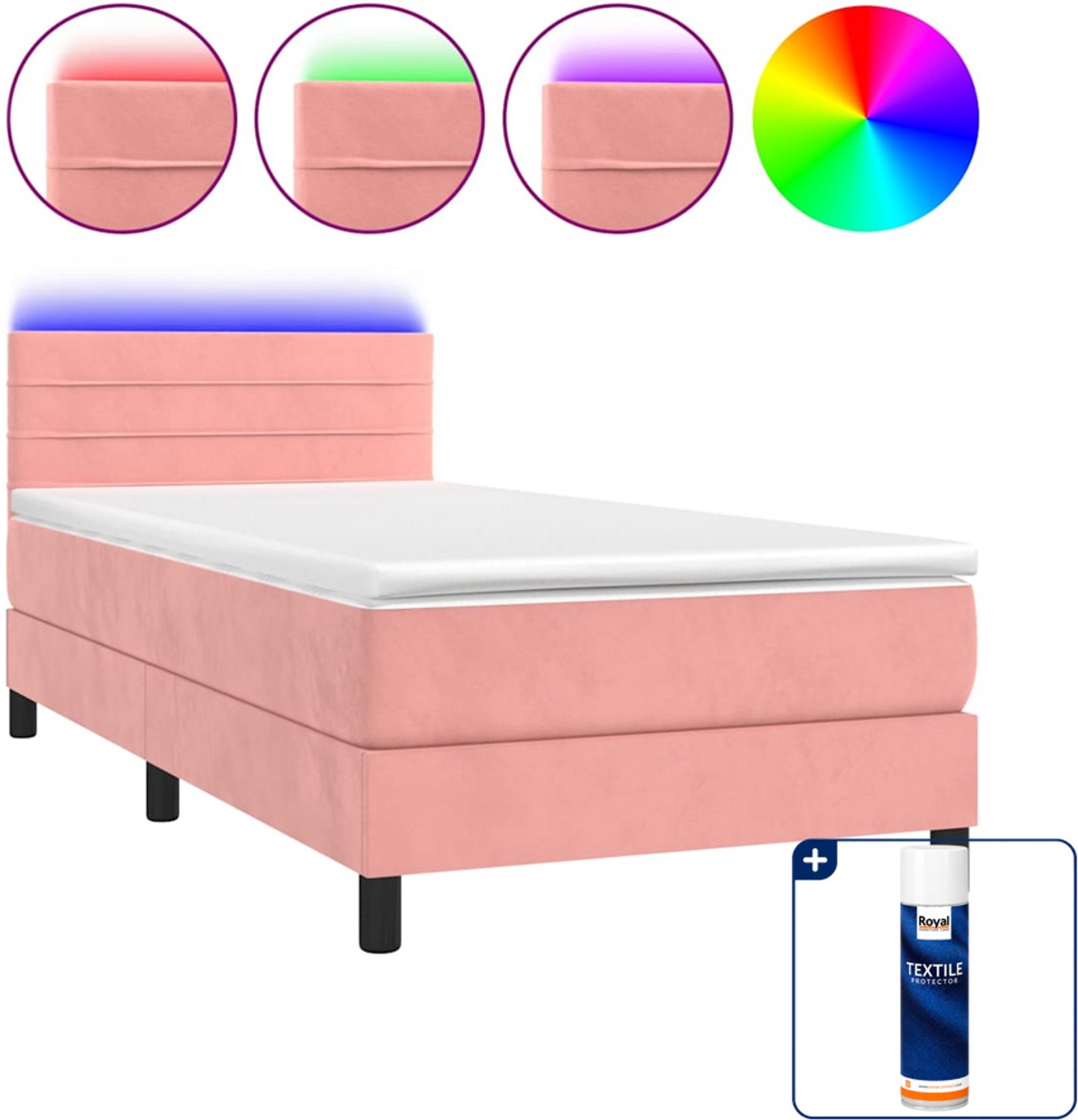 vidaXL boxspring met matras en LED - 90 x 190 cm - fluweel - roze - Inclusief textielbeschermer 500 ml