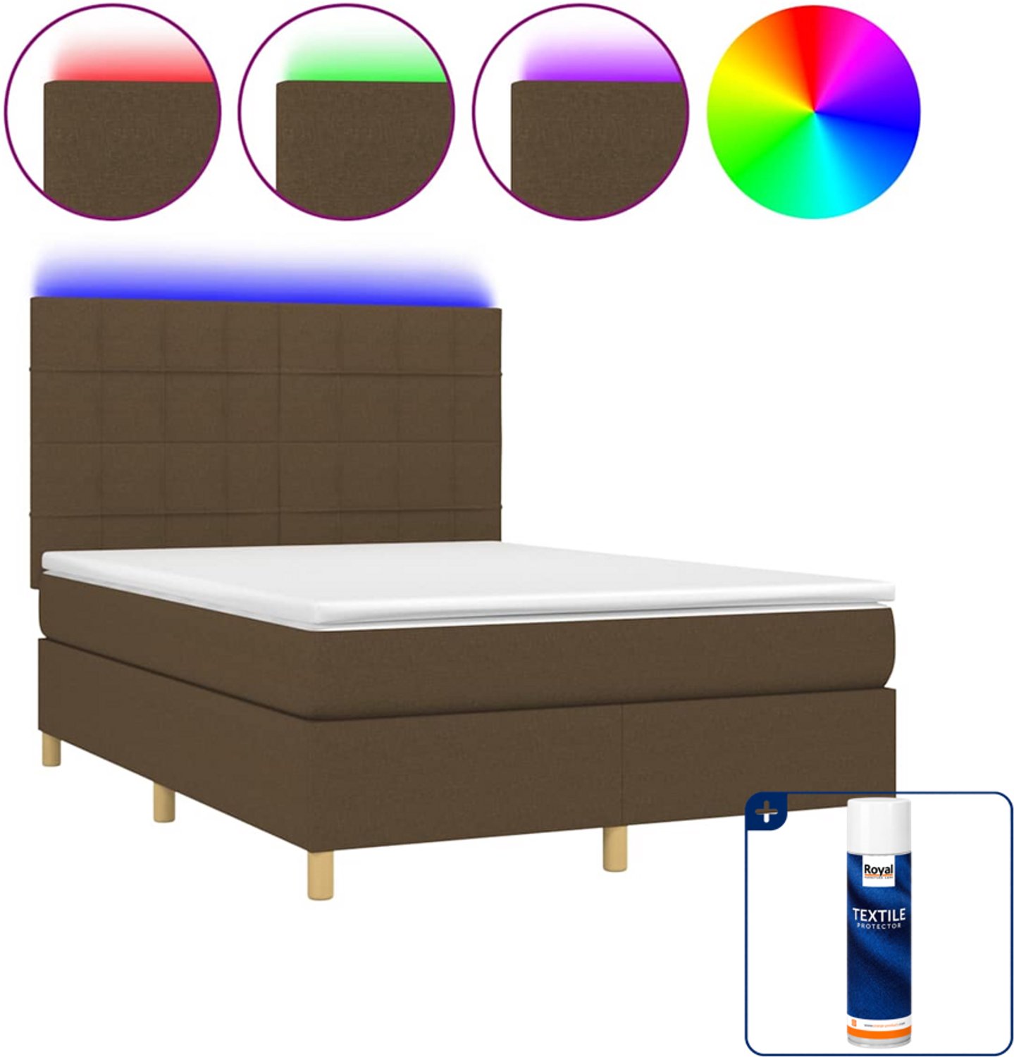 vidaXL Boxspring met matras en led - 140 x 190 cm - donkerbruin - Inclusief textielbeschermer 500 ml
