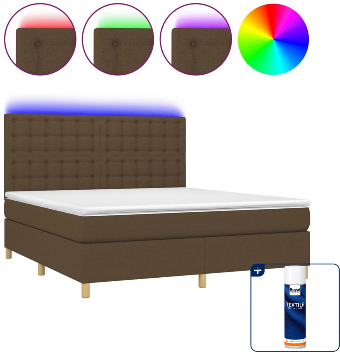 vidaXL Boxspring met matras en LED - Kingsize - donkerbruin - Inclusief textielbeschermer 500 ml