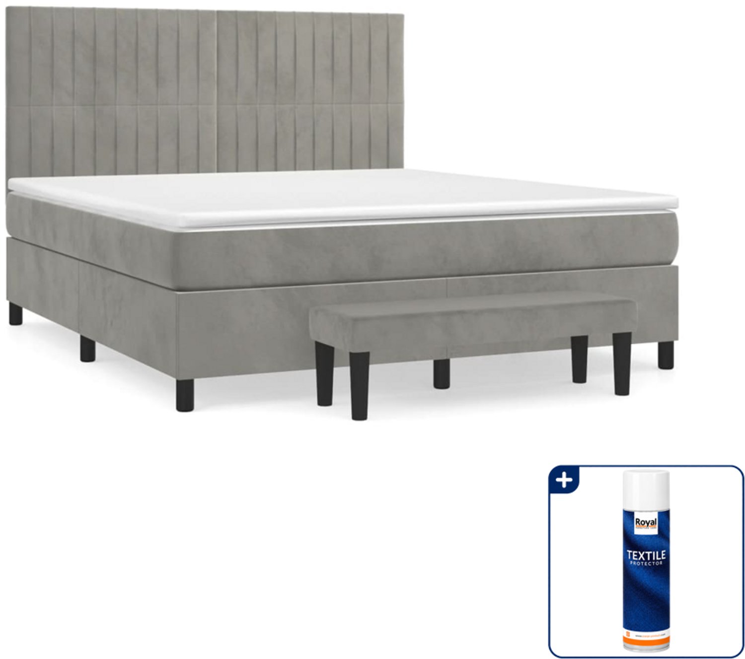 vidaXL Kingsize boxspring met matras - 180 x 200 cm - fluweel - lichtgrijs - Inclusief textielbeschermer 500 ml