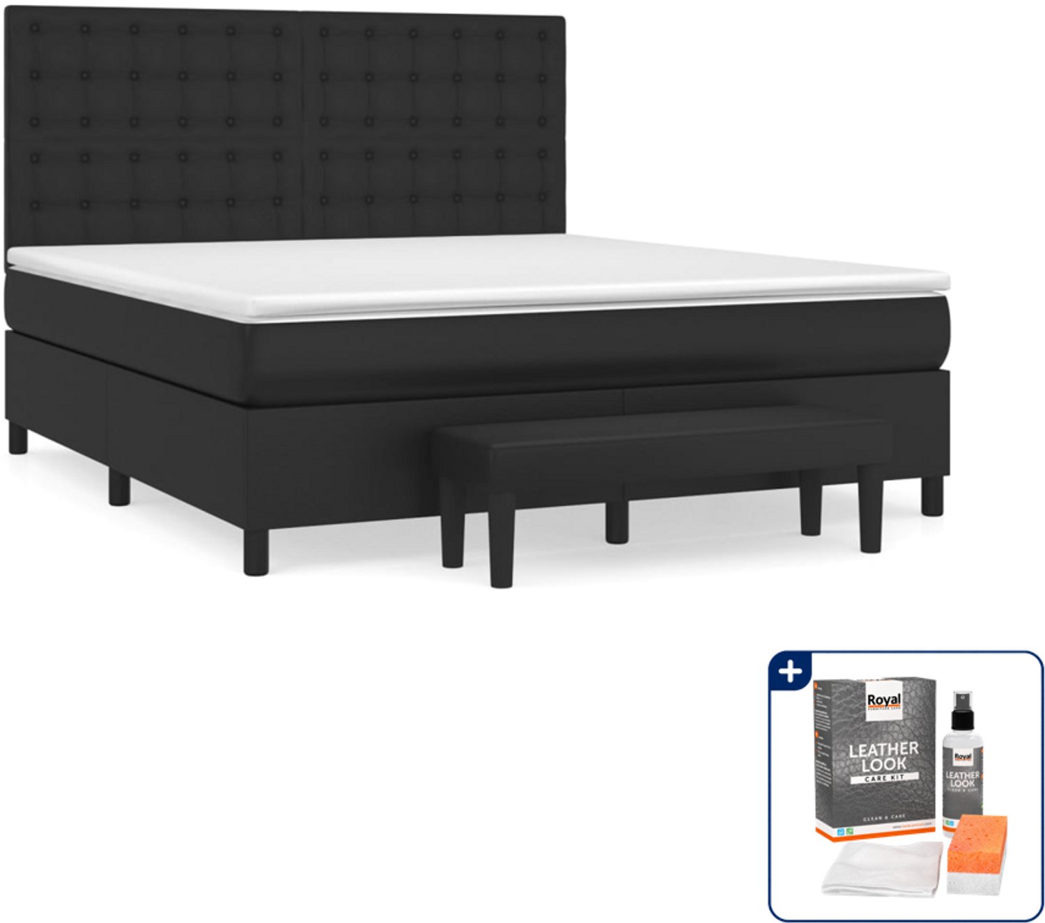vidaXL Boxspring Queensize - 160 x 200 cm - kunstleer - zwart - Inclusief onderhoudsset voor kunstleer 150 ml
