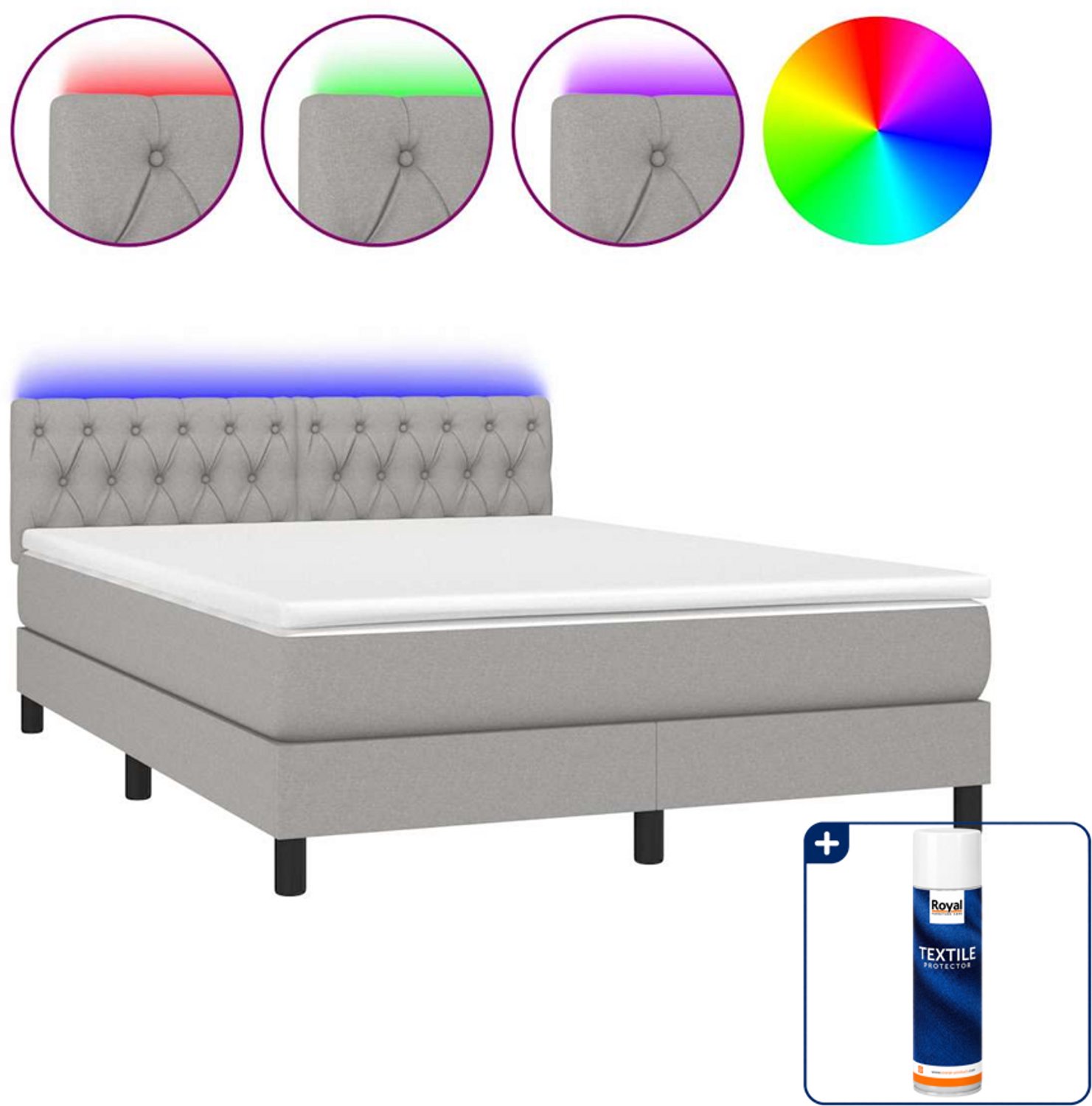 vidaXL boxspring met matras en LED - 140 x 190 cm - lichtgrijs - Inclusief textielbeschermer 500 ml