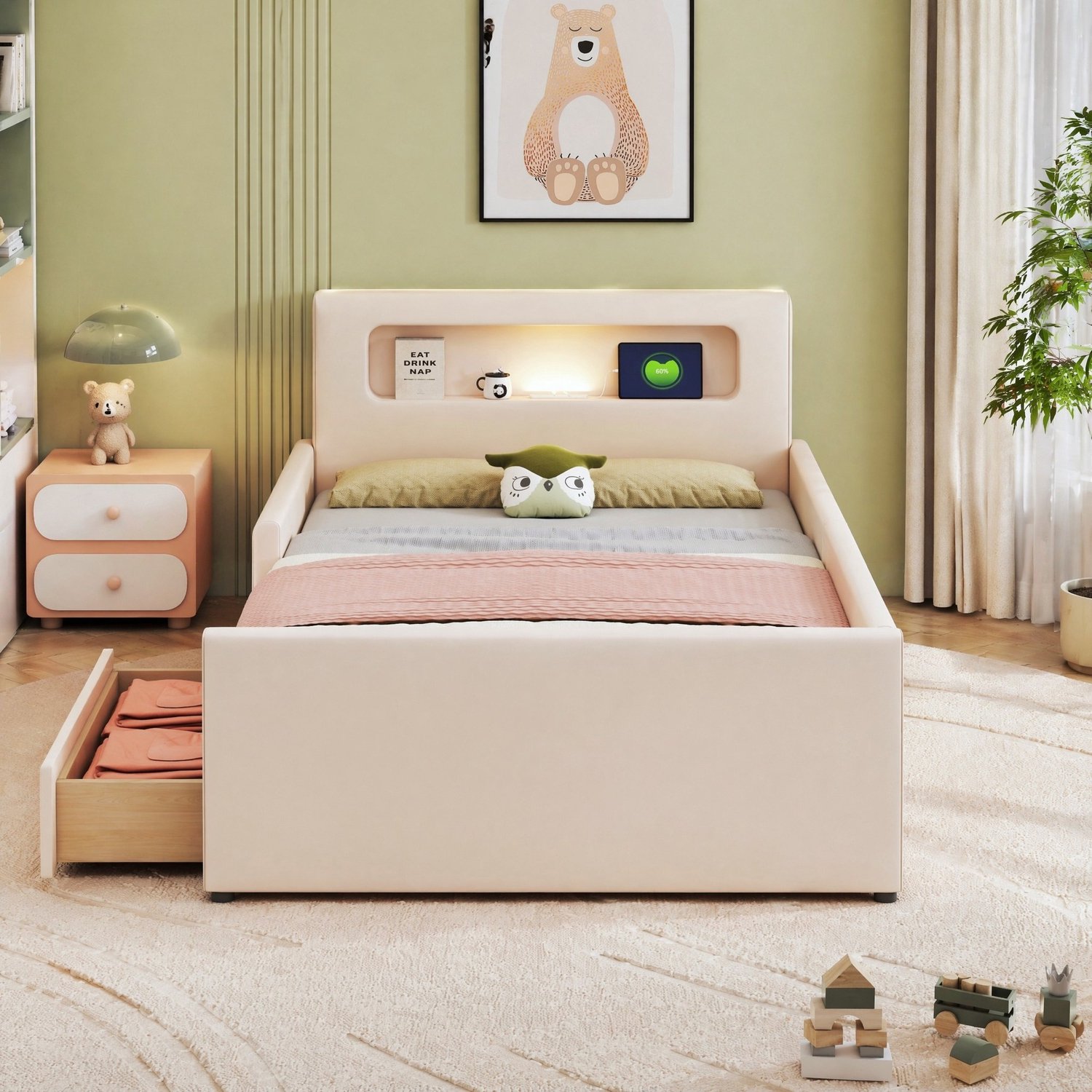 Maisentiel Kinderbed 90 x 200 cm beige kunstleer met lades, nachtlampje en USB-aansluiting