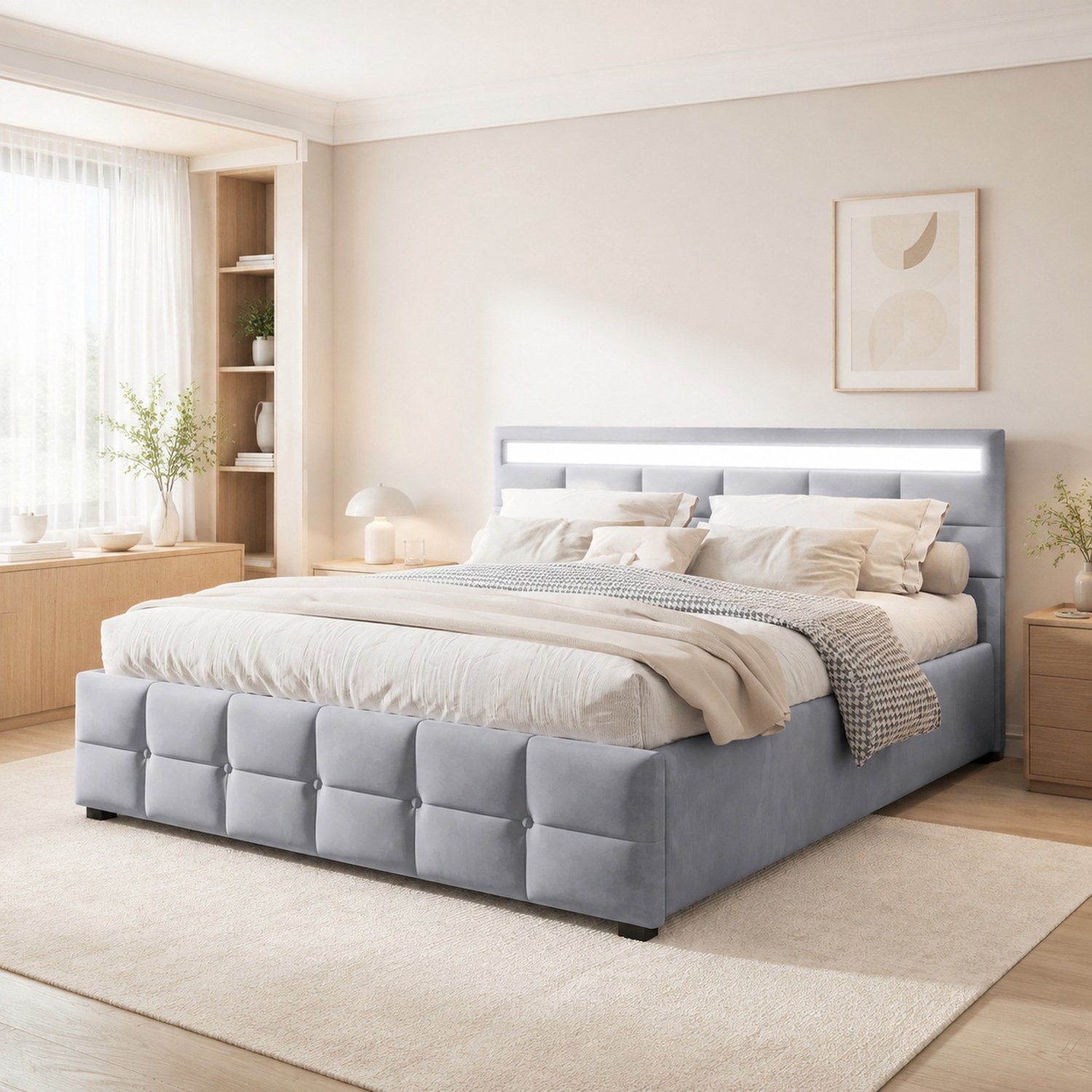 Maisentiel Gestoffeerd bed 180 x 200 cm - grijs - met opbergruimte en LED-verlichting