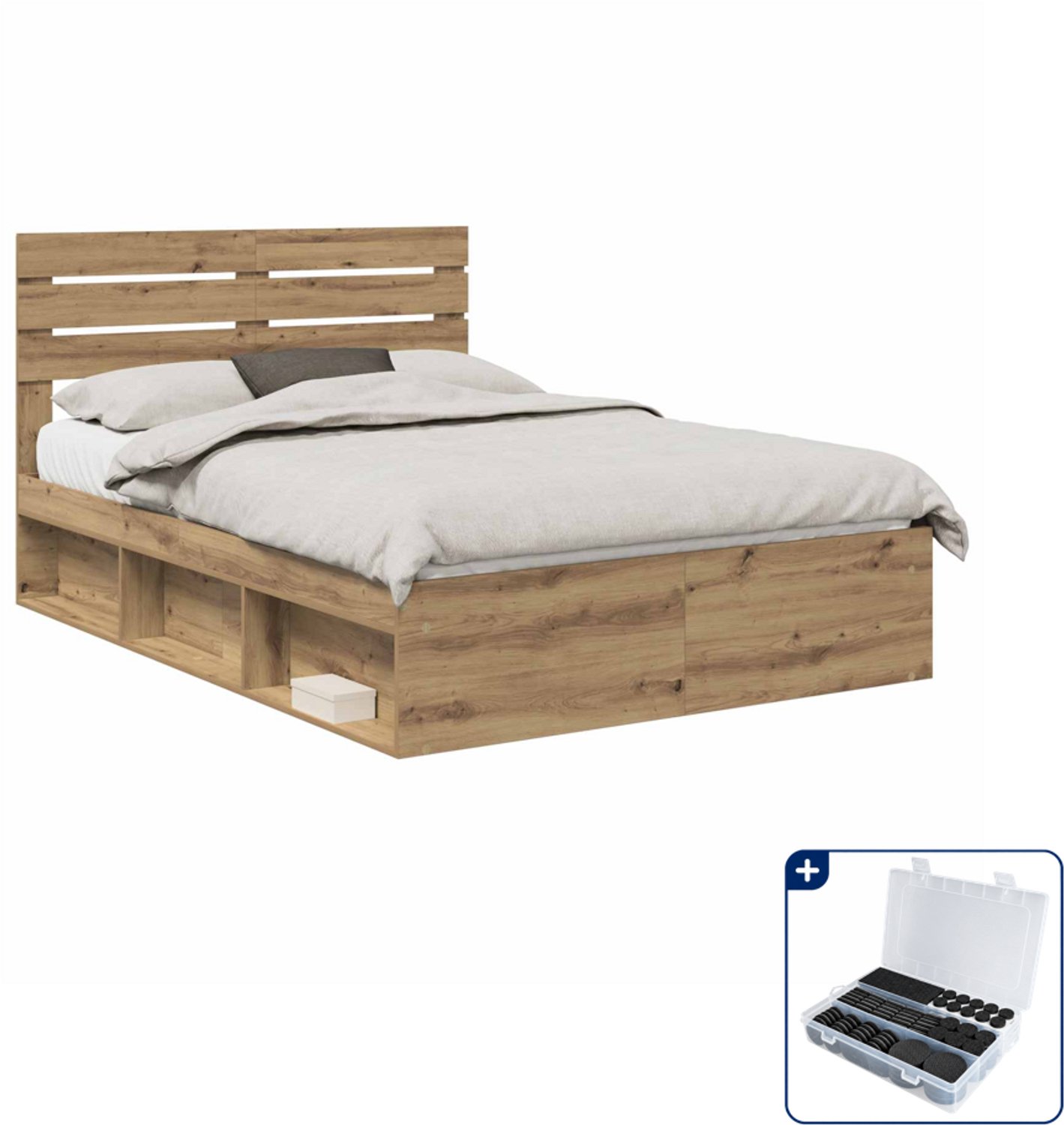 vidaXL bedframe 140 x 190 cm - massief grenenhout - artisanaal eiken - Inclusief antikrasvilt 177-delig Zwart
