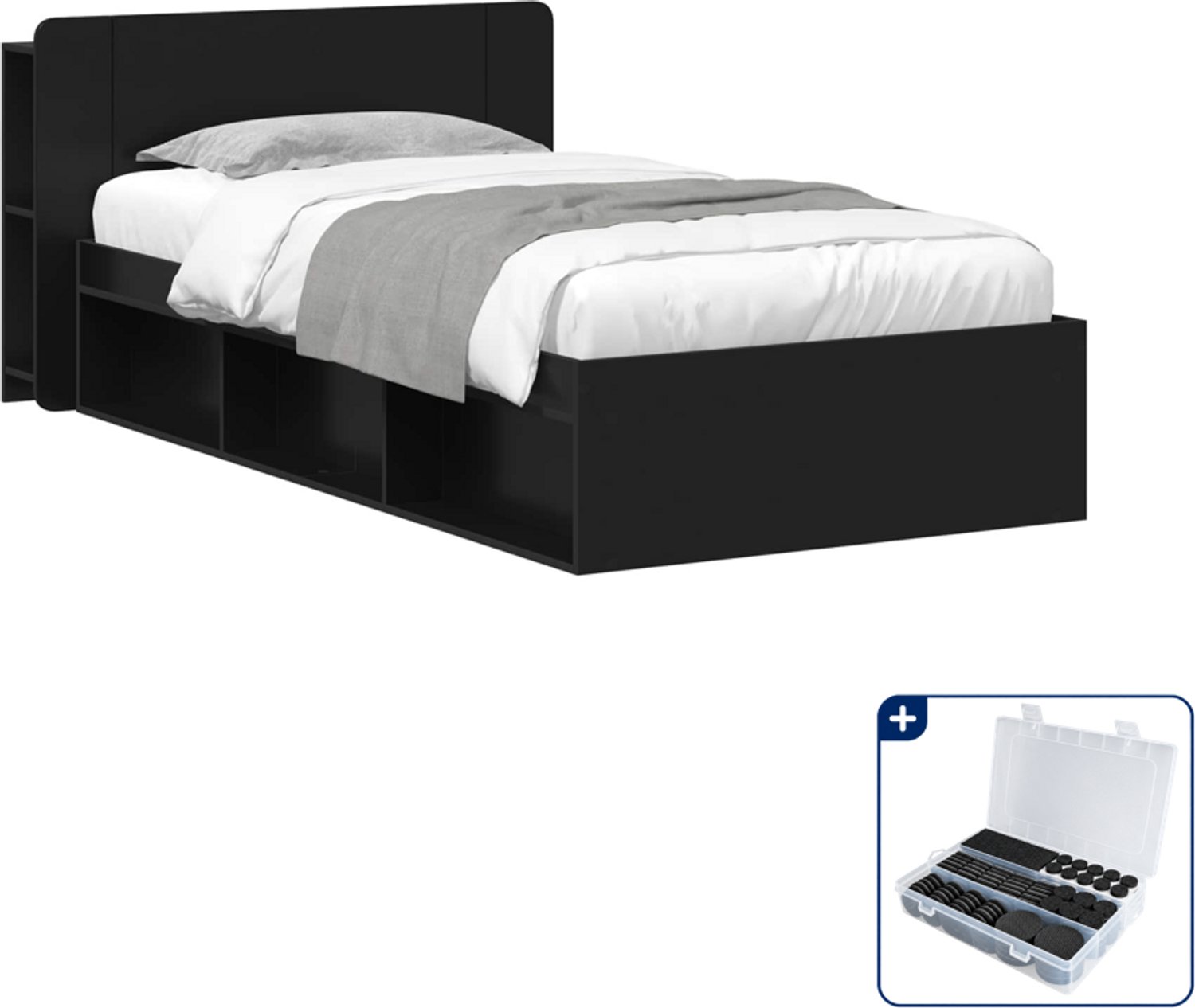 vidaXL bedframe met opbergruimte - 90 x 190 cm - bewerkt hout - zwart - Inclusief antikrasvilt 177-delig