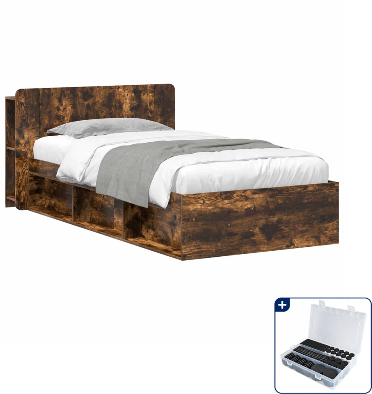 vidaXL bedframe - 75 x 190 cm - bewerkt hout - gerookt eiken - Inclusief antikrasvilt 177-delig Bruin