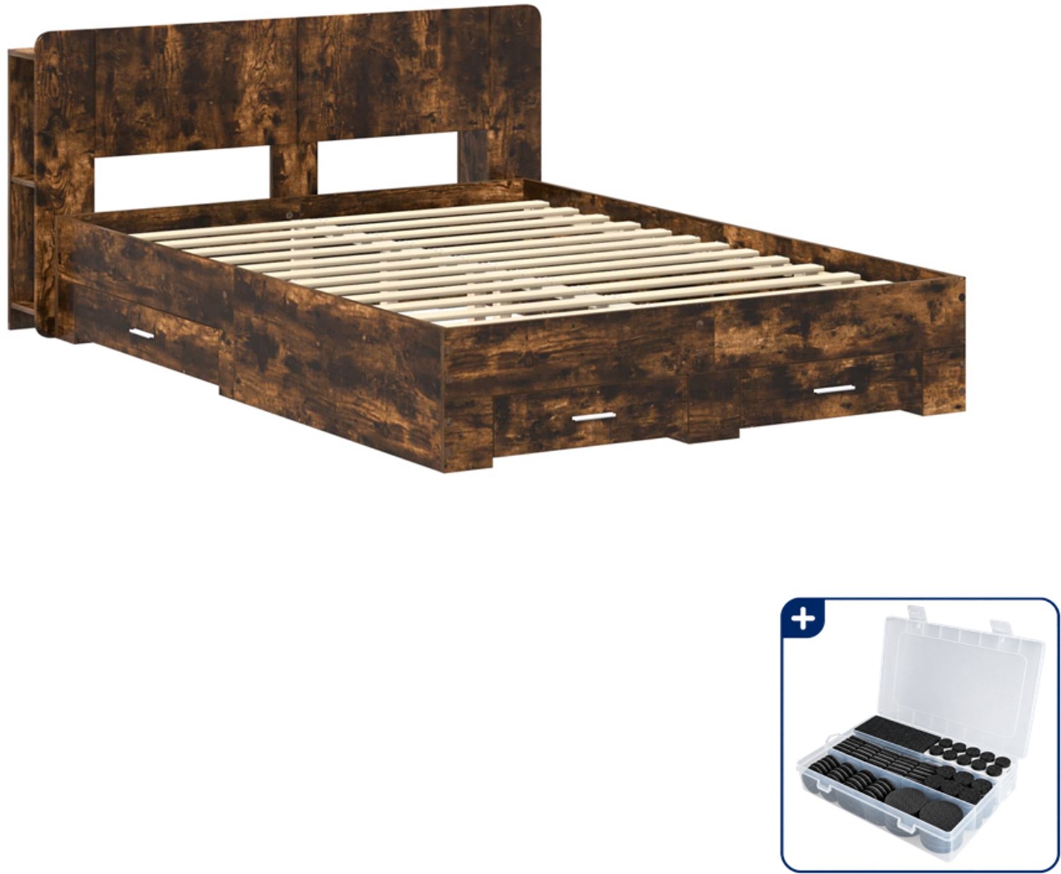 vidaXL bedframe met opslag - 150 x 200 cm - bewerkt hout - gerookt eiken - Inclusief antikrasvilt 177-delig Bruin