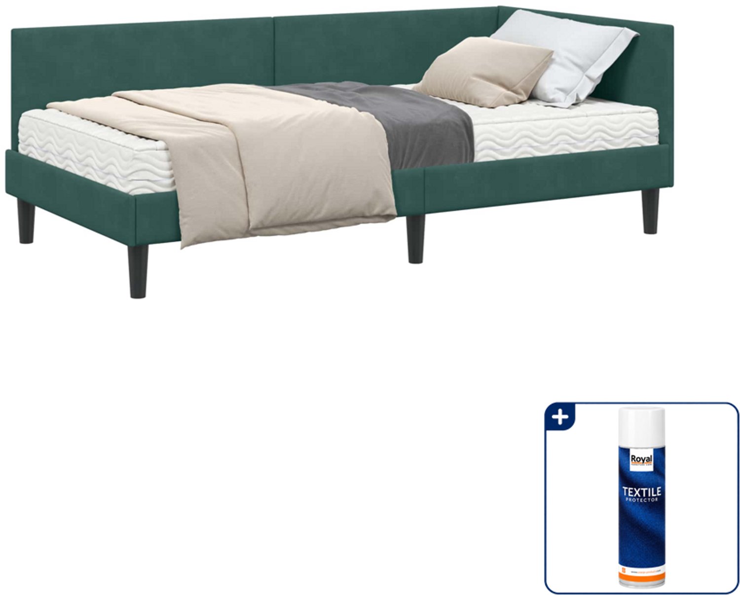 vidaXL hoekbedframe met matras - 100 x 200 cm - fluweel - donkergroen - Inclusief textielbeschermer 500 ml Taupe