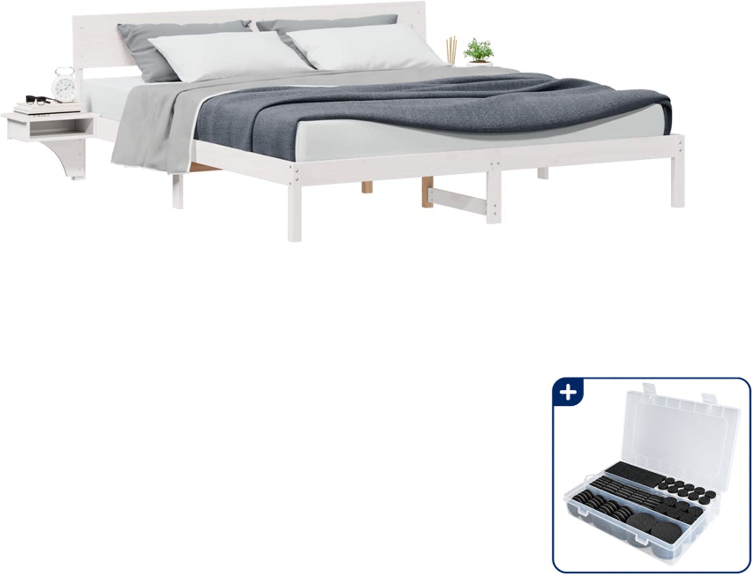 vidaXL bedframe - 200 x 200 cm - massief grenenhout - wit - Inclusief antikrasvilt 177-delig Bruin