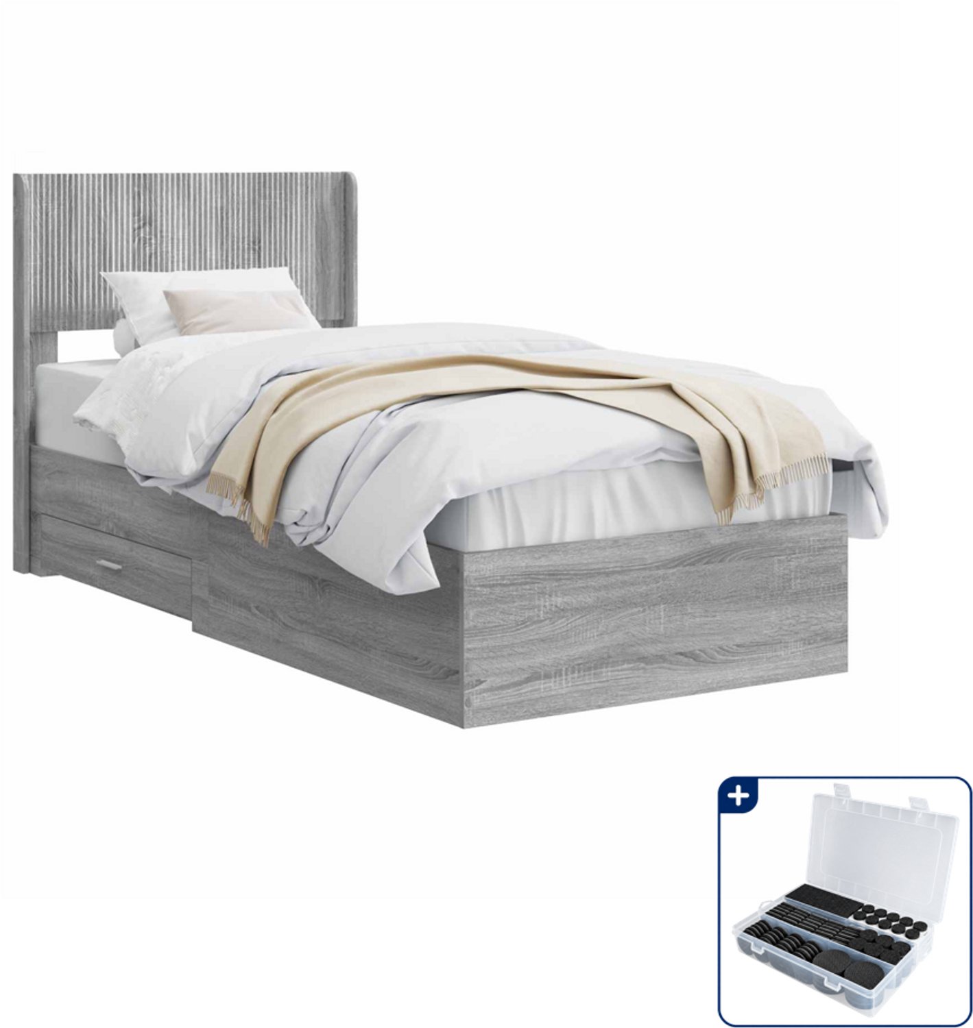 vidaXL Bedframe met opbergruimte - 90 x 190 cm - bewerkt hout - grijs - Inclusief antikrasvilt 177-delig