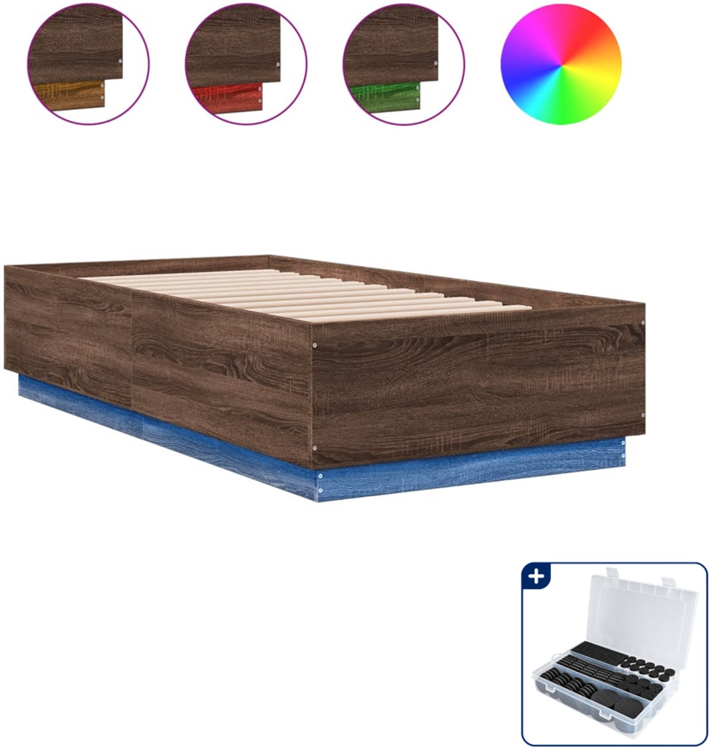 vidaXL bedframe met LED - 90 x 190 cm - bewerkt hout - bruineiken - Inclusief antikrasvilt 177-delig Roze