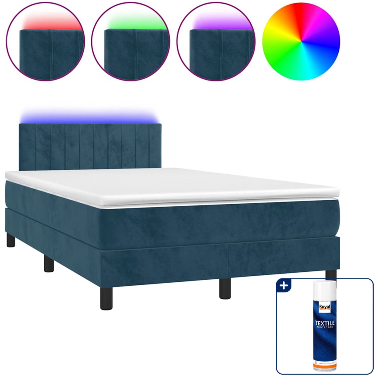 vidaXL boxspring met matras en LED - 120 x 190 cm - fluweel - donkerblauw - Inclusief textielbeschermer 500 ml Grijs