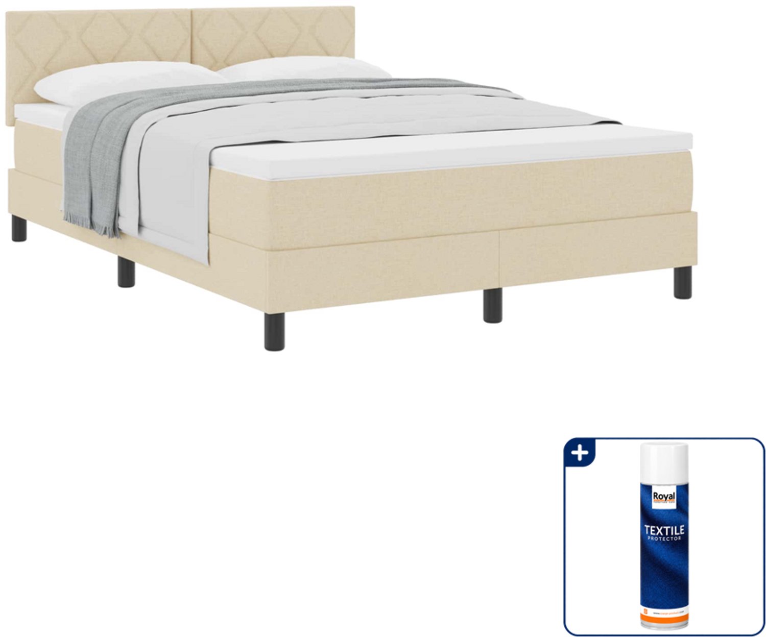 vidaXL boxspringbed - 140 x 190 cm - stof - crème - Inclusief textielbeschermer 500 ml