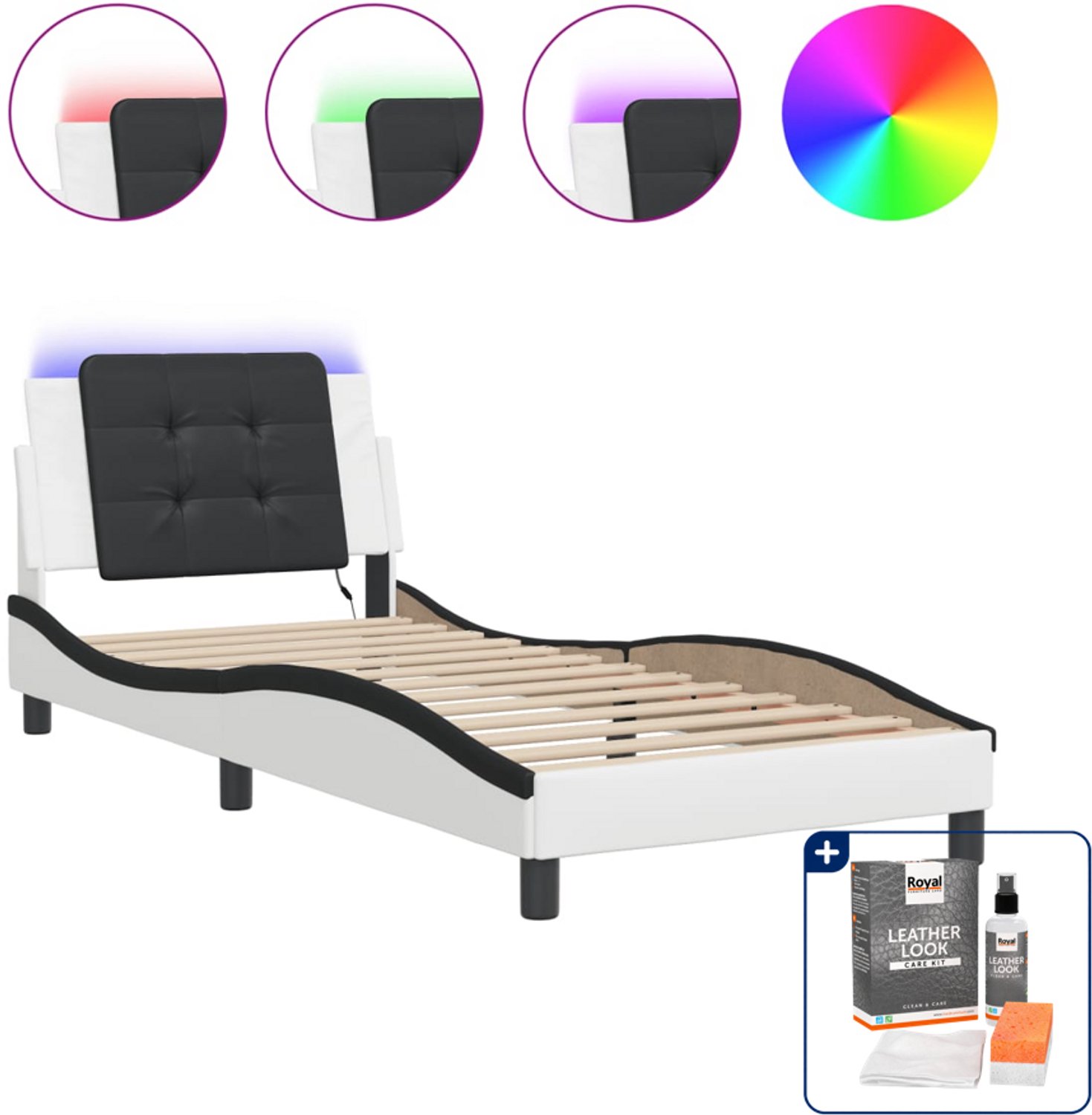 vidaXL Zadar bedframe met LED - 90 x 190 cm - wit en zwart - Inclusief onderhoudsset voor kunstleer 150 ml