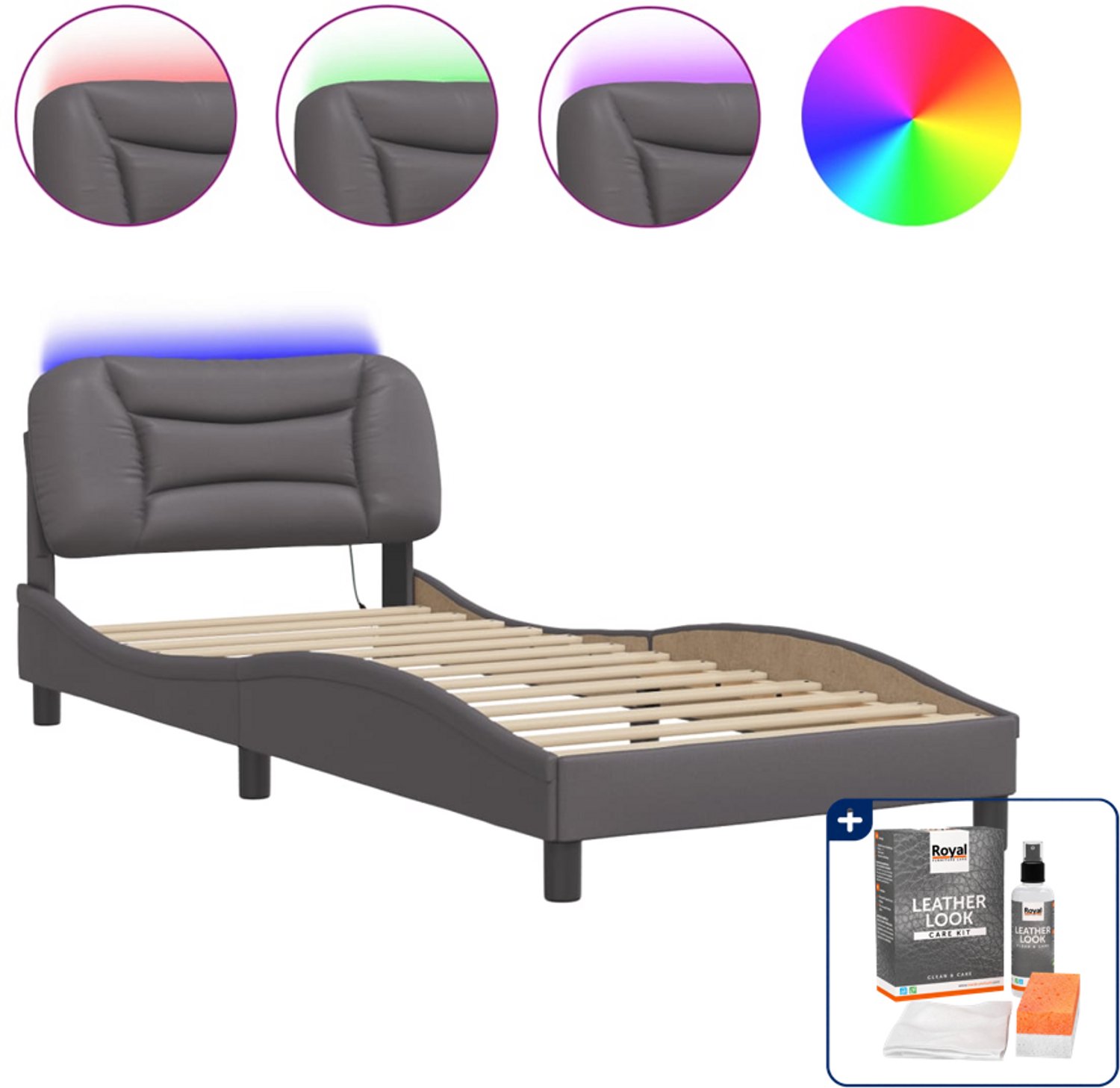 vidaXL Hvar bedframe met LED - 90 x 200 cm - grijs - Inclusief onderhoudsset voor kunstleer 150 ml Wit