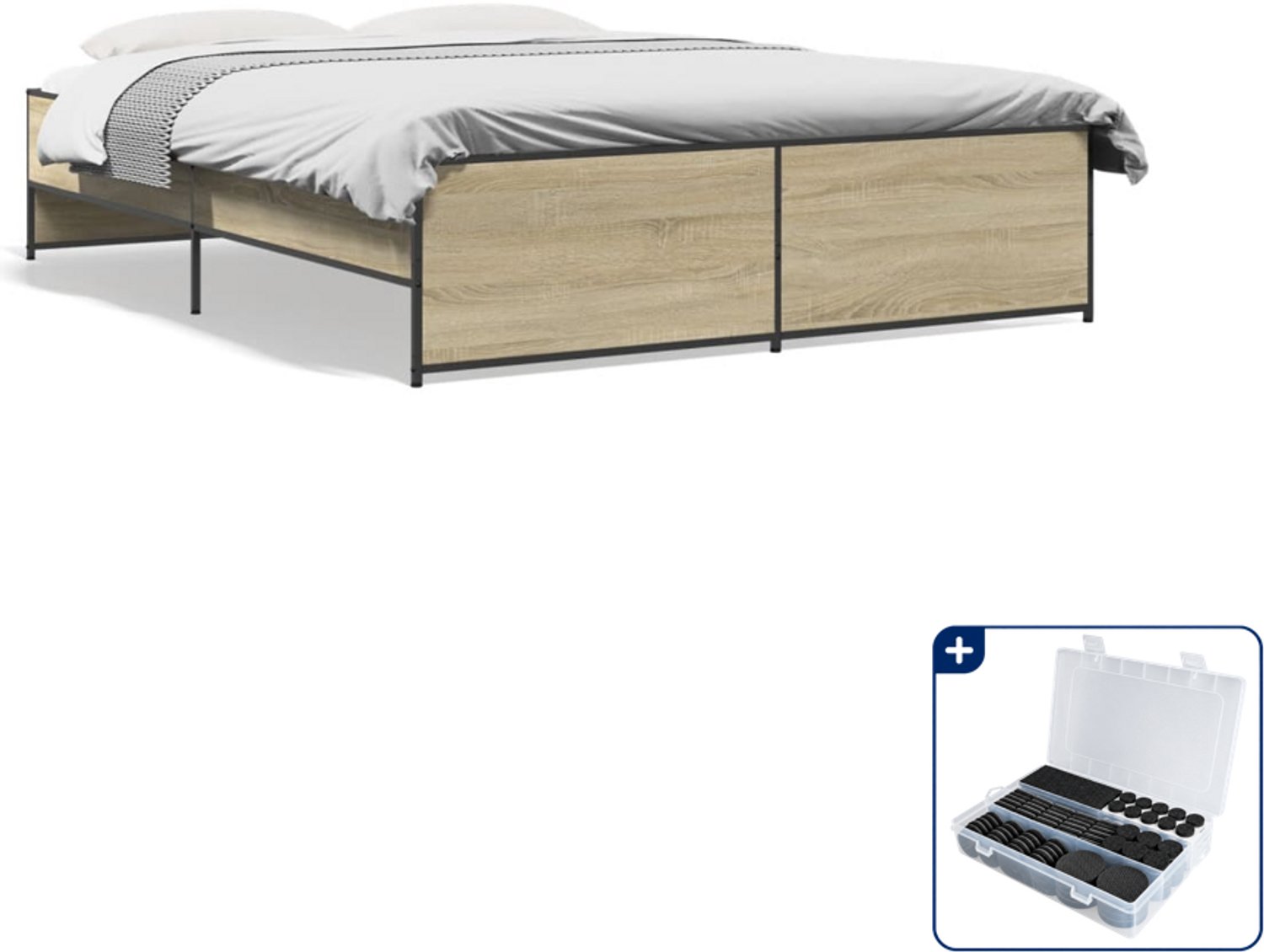 vidaXL bedframe Queensize - 160 x 200 cm - sonoma eiken - Inclusief antikrasvilt 177-delig Bruin
