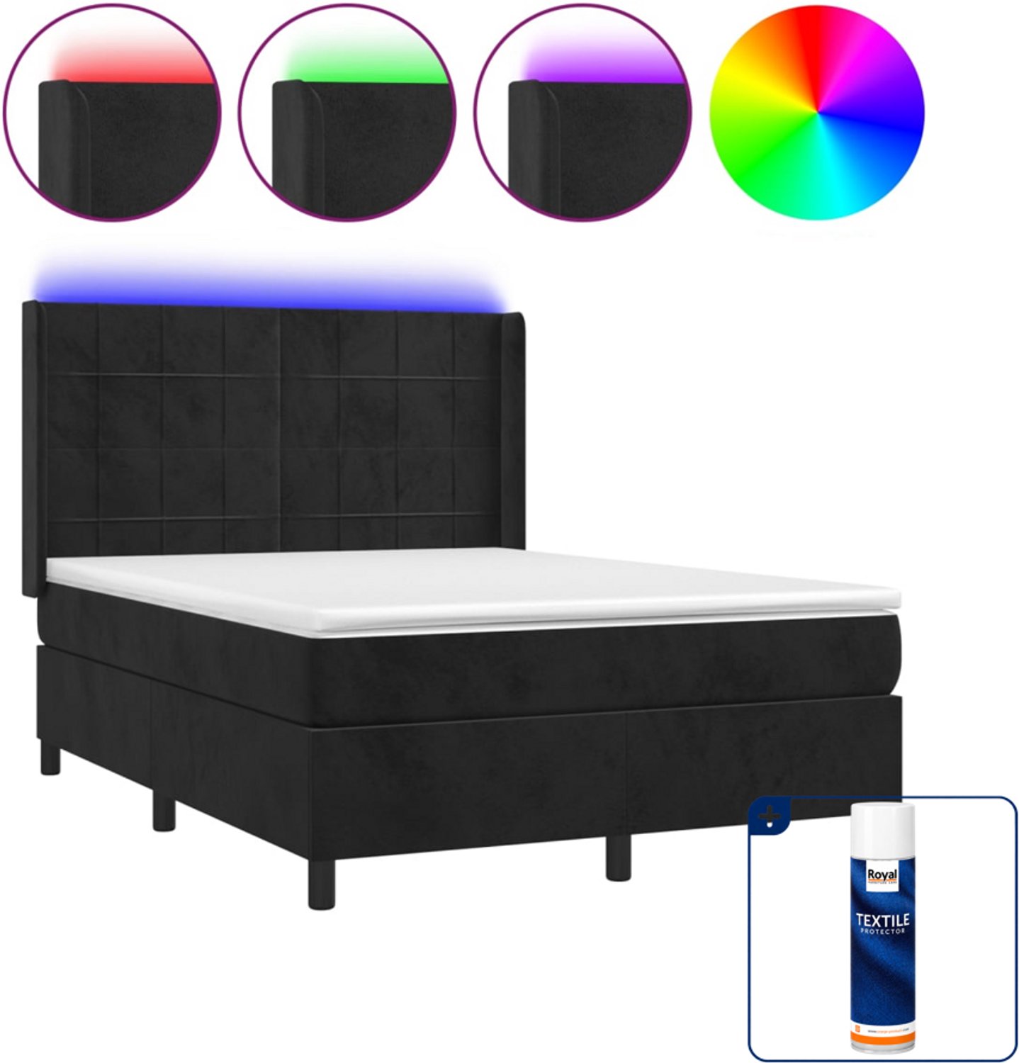 vidaXL Boxspring met matras en LED - 140 x 190 cm - fluweel - zwart - Inclusief textielbeschermer 500 ml