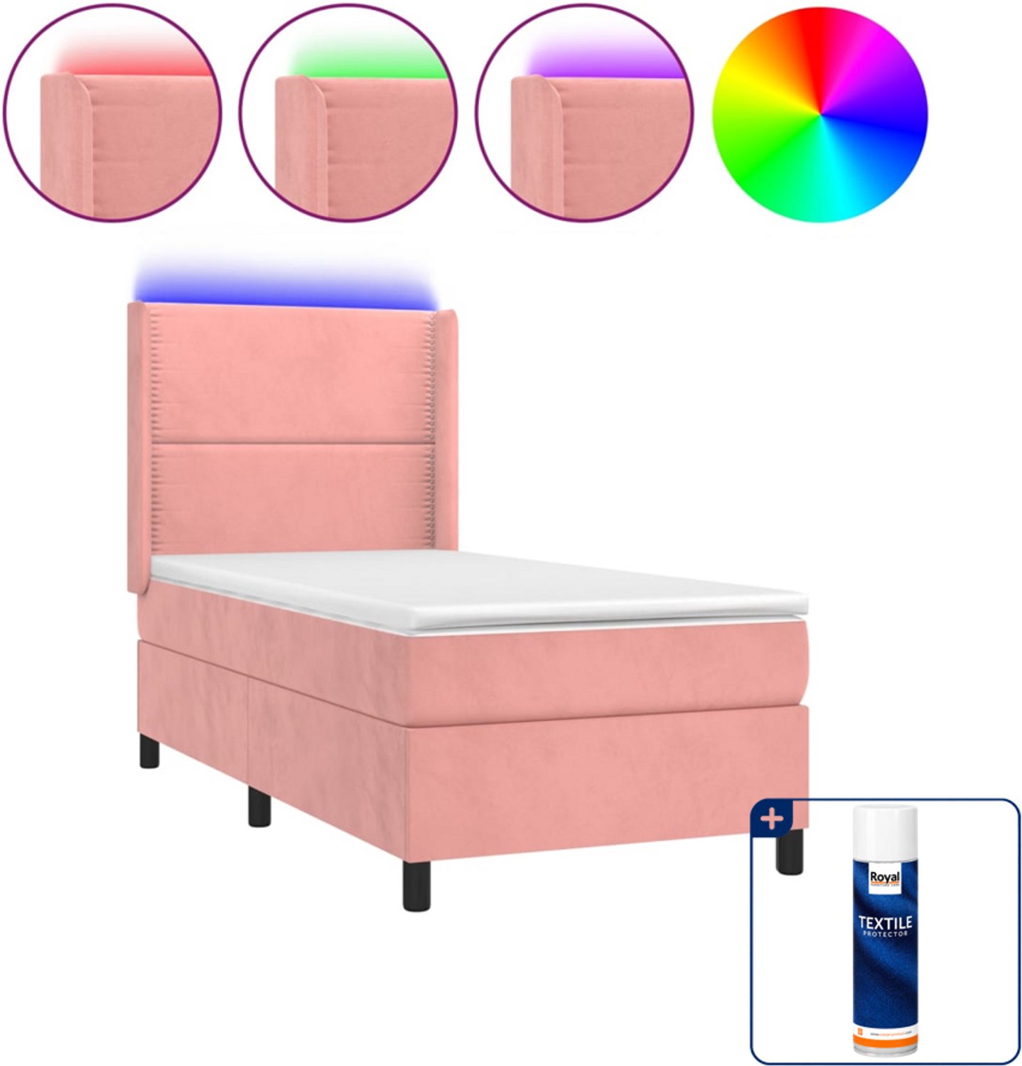 vidaXL boxspring met matras en LED - 90 x 200 cm - fluweel - roze - Inclusief textielbeschermer 500 ml