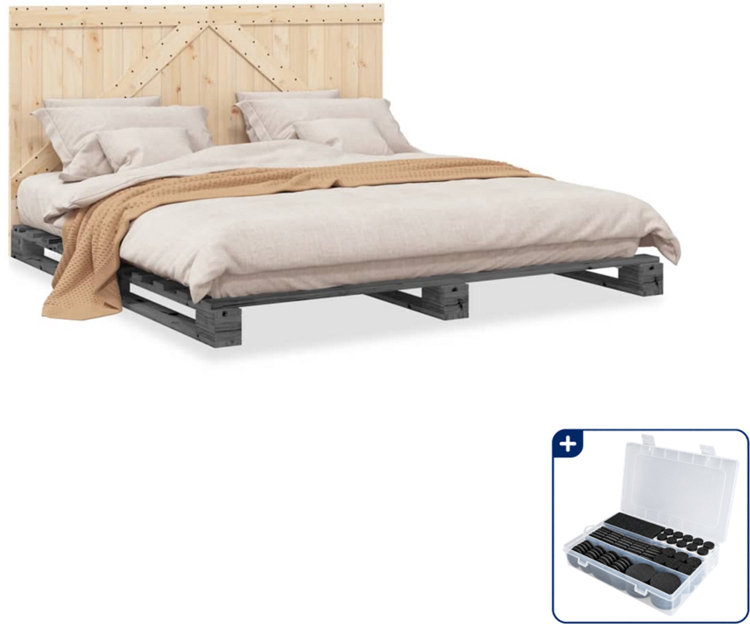 vidaXL Bedframe met hoofdbord - Super kingsize - 200 x 200 cm - grijs - Inclusief antikrasvilt 177-delig Bruin