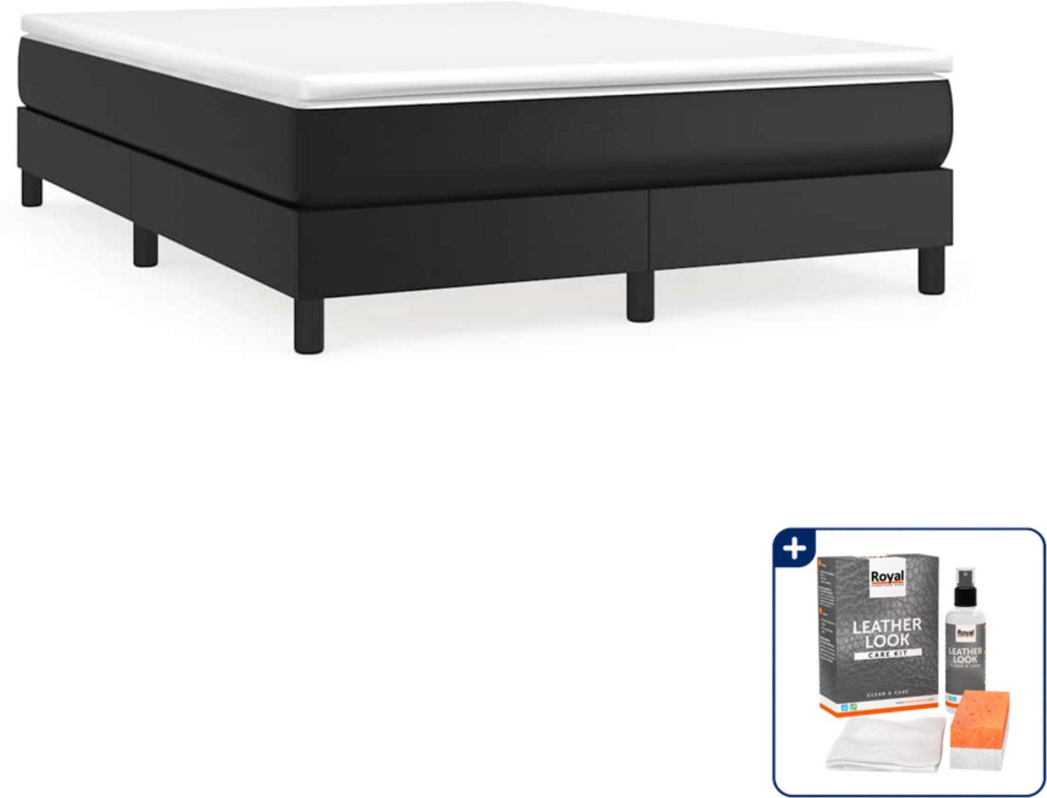 vidaXL boxspring met matras - 140 x 190 cm - kunstleer - zwart - Inclusief onderhoudsset voor kunstleer 150 ml