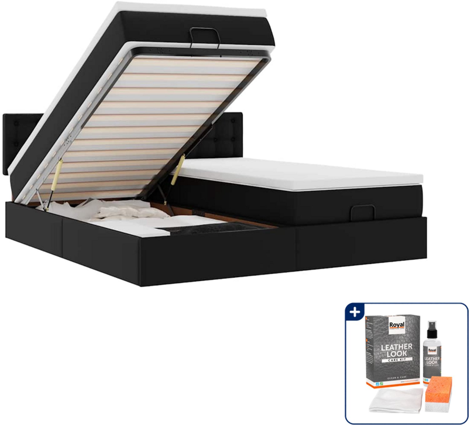 vidaXL Queensize bed met matrassen en LED - 160 x 200 cm - zwart - Inclusief onderhoudsset voor kunstleer 150 ml Blauw
