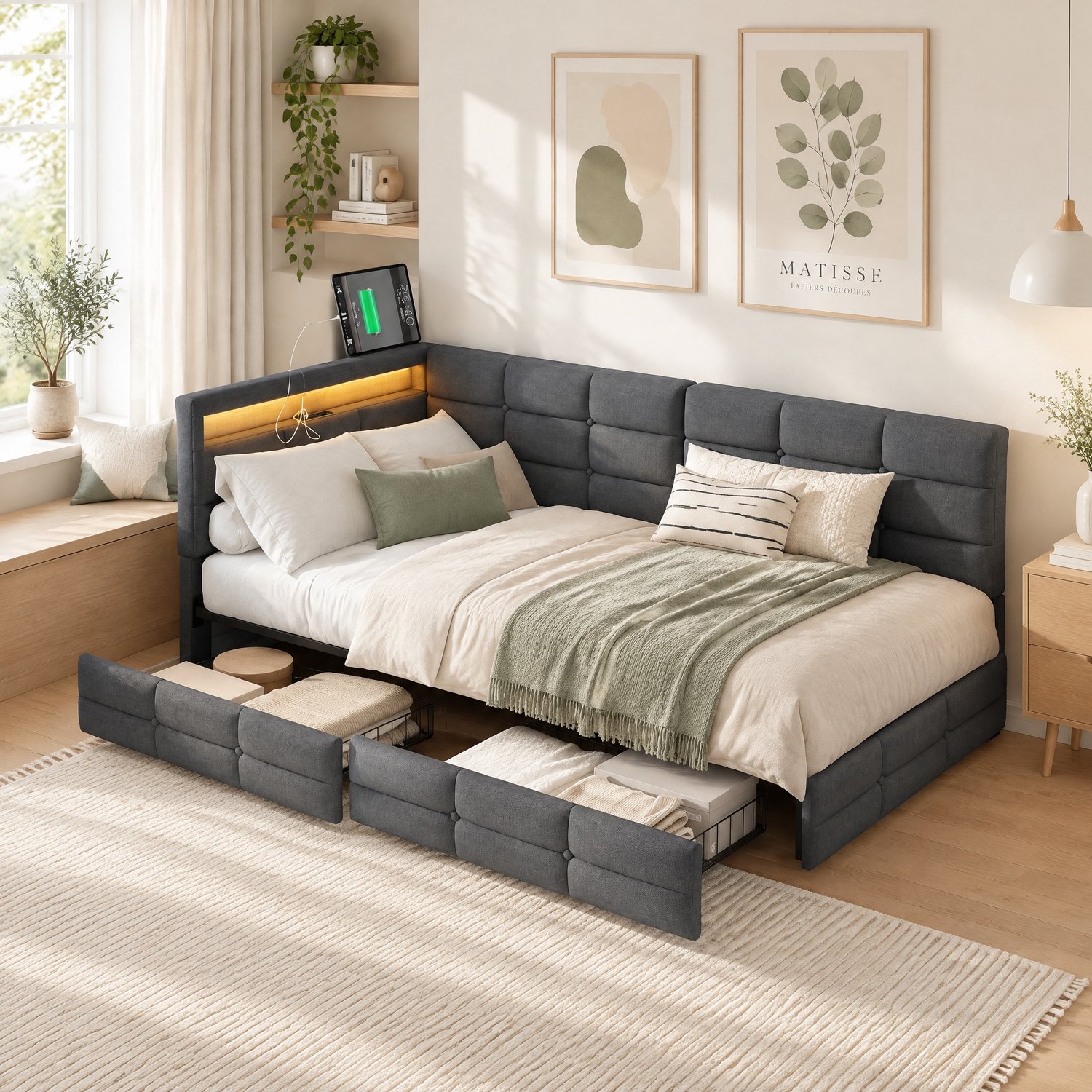 Yelenaro Gestoffeerd Slaapbank 90x200 cm avec 2 laden, 1 Persoon Bed met opbergruimte en lattenbodem, L-Vormig bedframe met LED en USB, Eenpersoonsbed voor jongeren en volwassenen, Linnen Grijs
