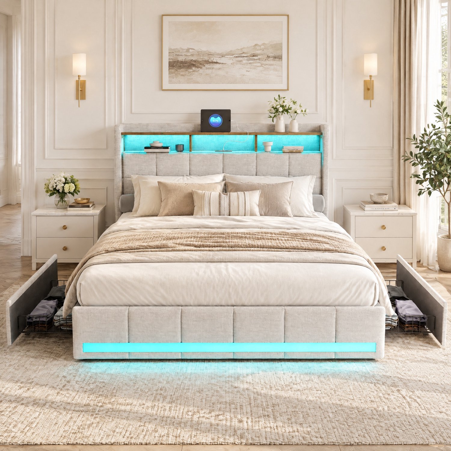 Yelenaro Gestoffeerd tweepersoonsbed 160x200 cm, Bedframe met lattenbodem en 4 lades, Hoofdeinde met opbergruimte, LED-verlichting en USB-aansluiting, Linnen, Beige
