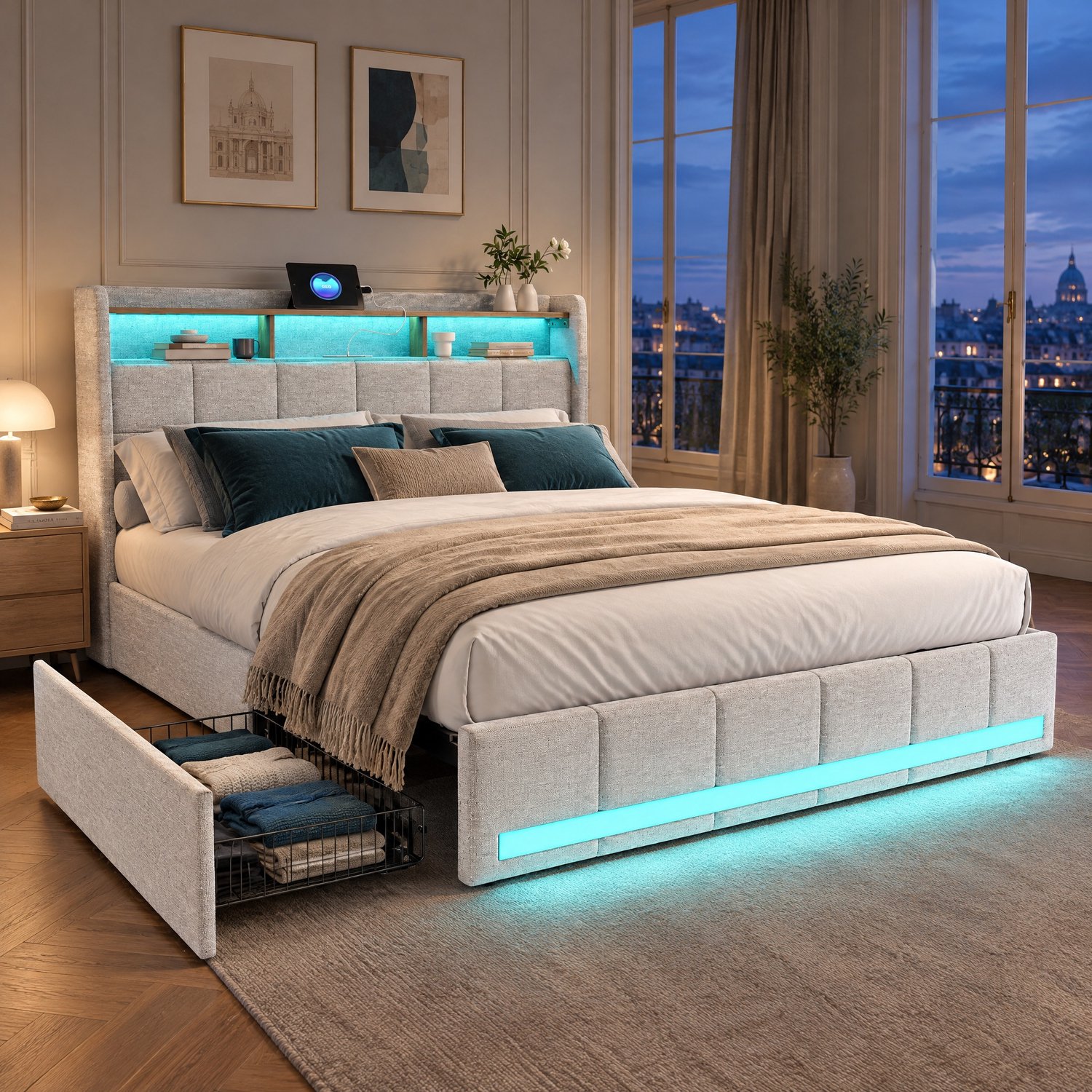 Yelenaro Gestoffeerd tweepersoonsbed 140x190 cm, Bedframe met lattenbodem en 4 lades, Hoofdeinde met opbergruimte, LED-verlichting en USB-aansluiting, Linnen, Beige
