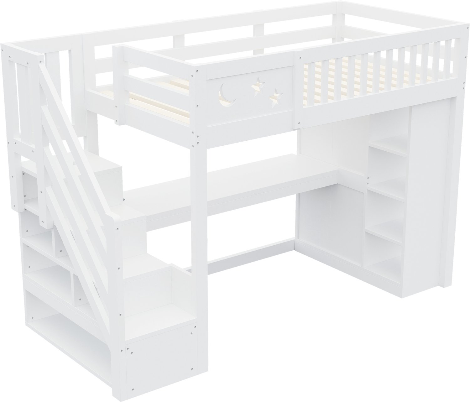 MUVANO Houten hoogslaper 90 x 200 cm - Met bureau, ledverlichting en stopcontacten - Opbergtrap en open kledingkast - Voor de kinderkamer - Wit