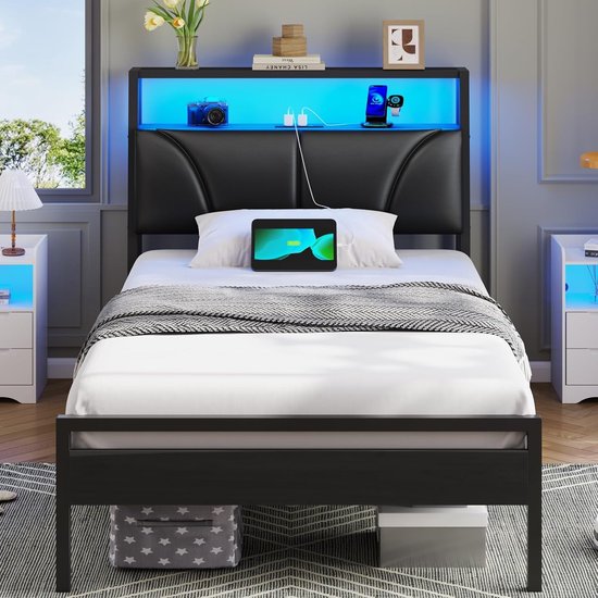 Bed 90 x 200 cm met lattenbodem van metaal, bedframe, 90 x 200 cm met ledverlichting, tienerbed 90 x 200 cm, met hoofdeinde en laadstation (2 AC-stopcontacten, 2 USB-poorten) metalen bed 505