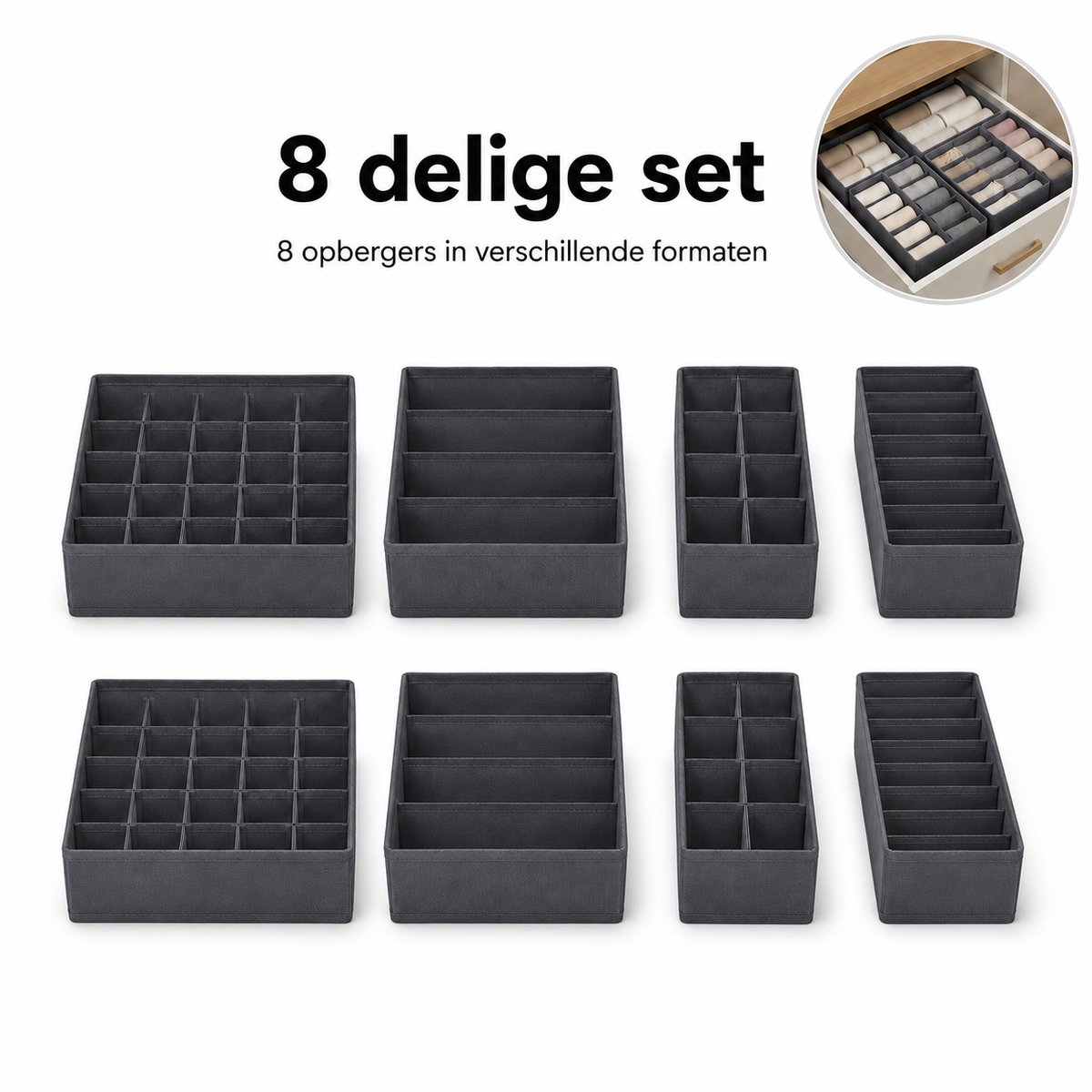 Bobbel Home - Ondergoed Opbergdozen - Lade organizer Kledingkast - Organizer Beha Ondergoed Sokken Stropdassen - Opvouwbare Dozen - Stoffen Dozen - Set van 8 Grijs