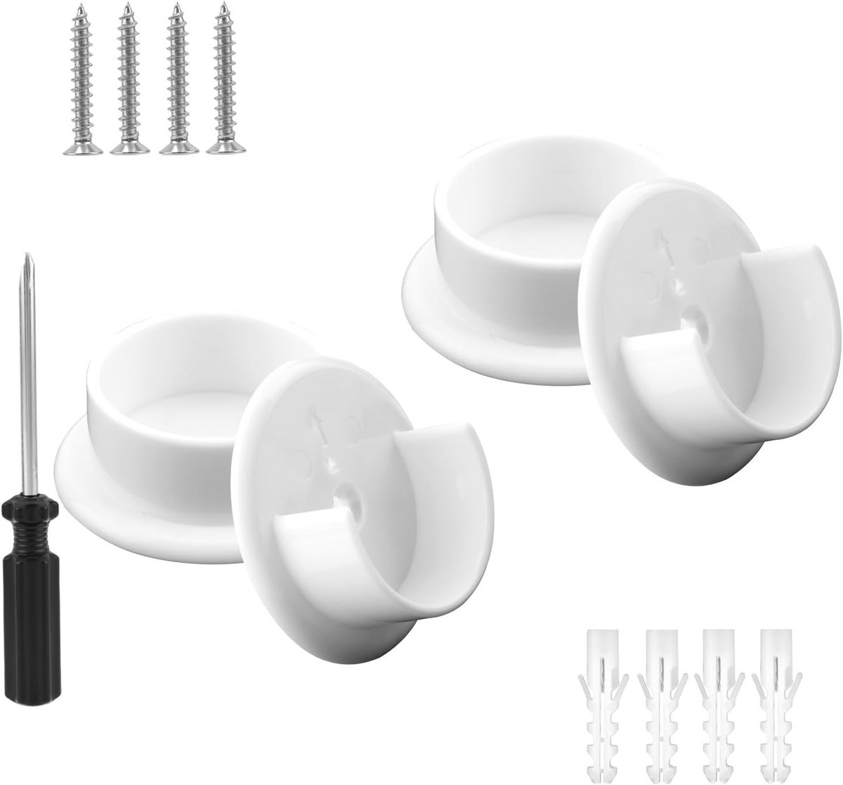 Set van 4 witte plastic houders voor kaststangen met schroevendraaier, stevige ondersteuning voor 35mm douchegordijnen en kastbuizen