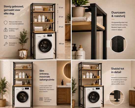 Zwart metalen frame wasmachine rek met houten planken. Afmetingen en details getoond met teksten. Wasmachine zichtbaar.