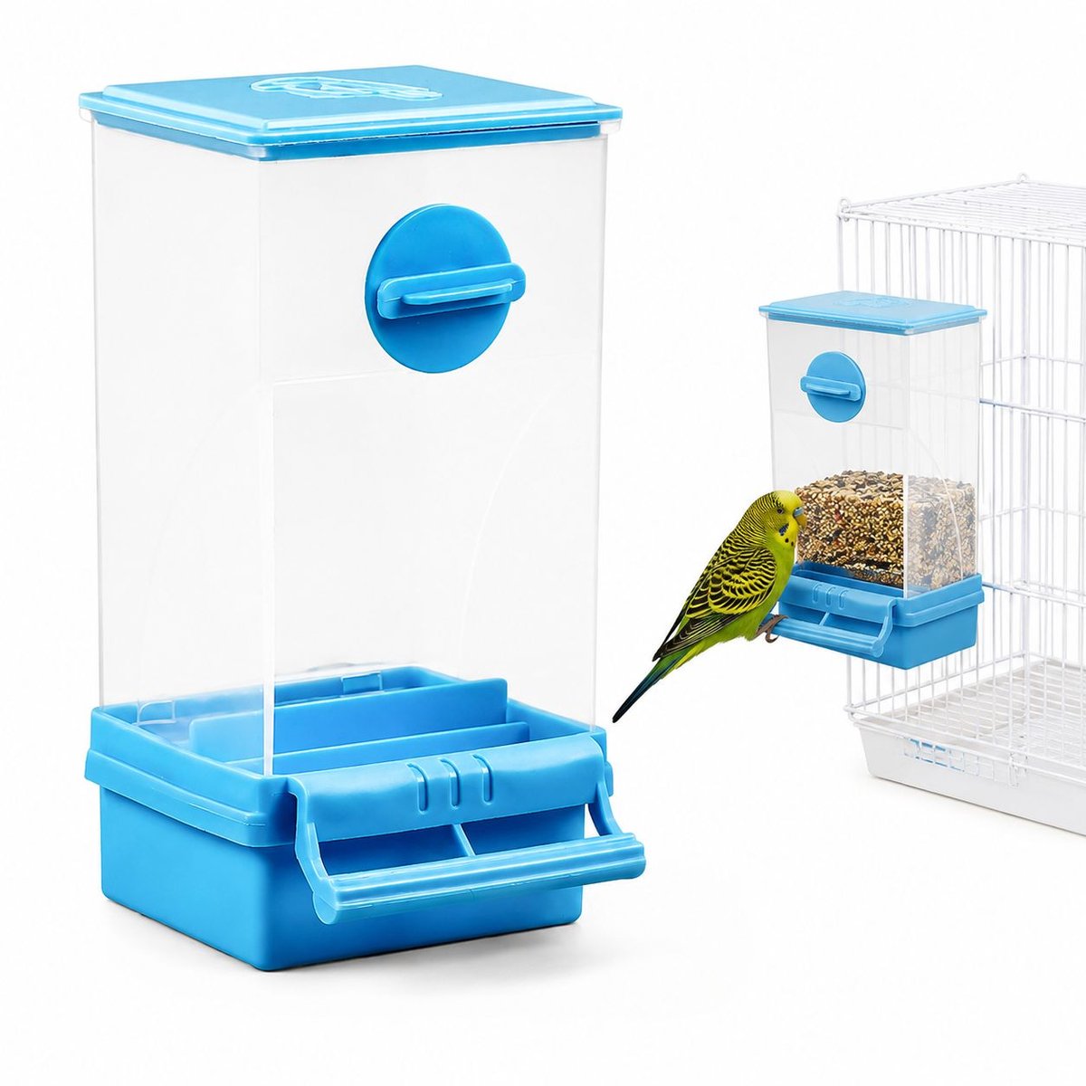 VHV - Vogelvoerbak - Automatische - Anti-Knoei - 8.5x7.5x18 cm - Met Zitstok Voederbak - Vogelkooi Accessoire - Voor Parkieten, Valkparkieten,Kanaries - Blauw