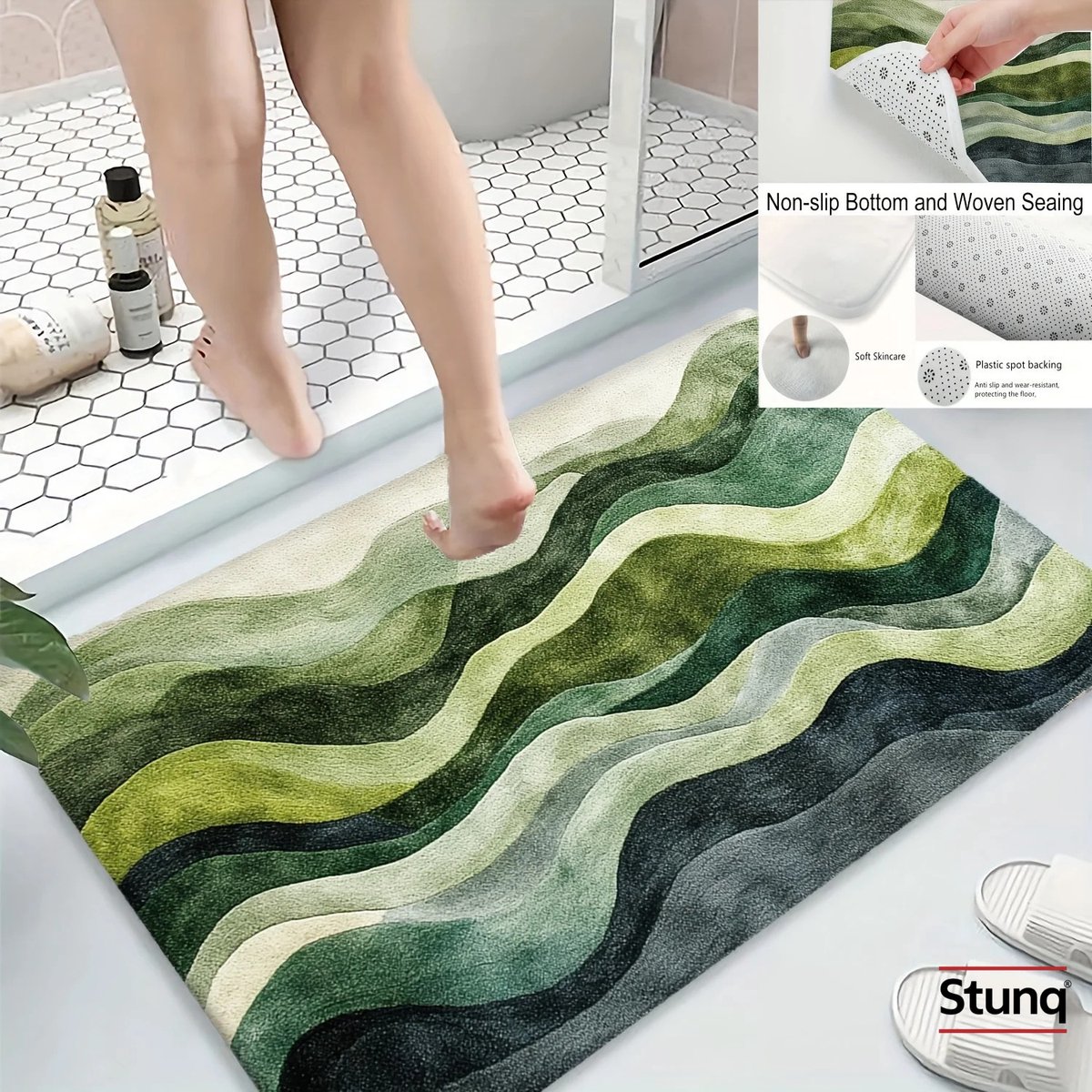 Stunq® Badmat Antislip 40x60 cm - Gegolfd Groen-Grijs Tweekleurig