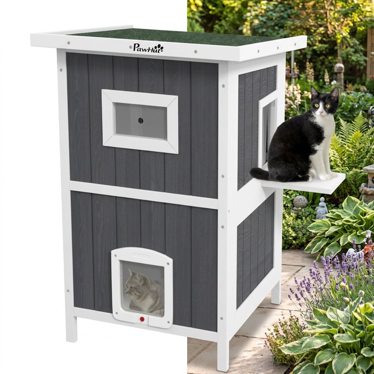 Kattenhuis - Voor buiten - Hok - Kooi - Bench - Ren - 2 verdiepingen - duurzaam - Grijs