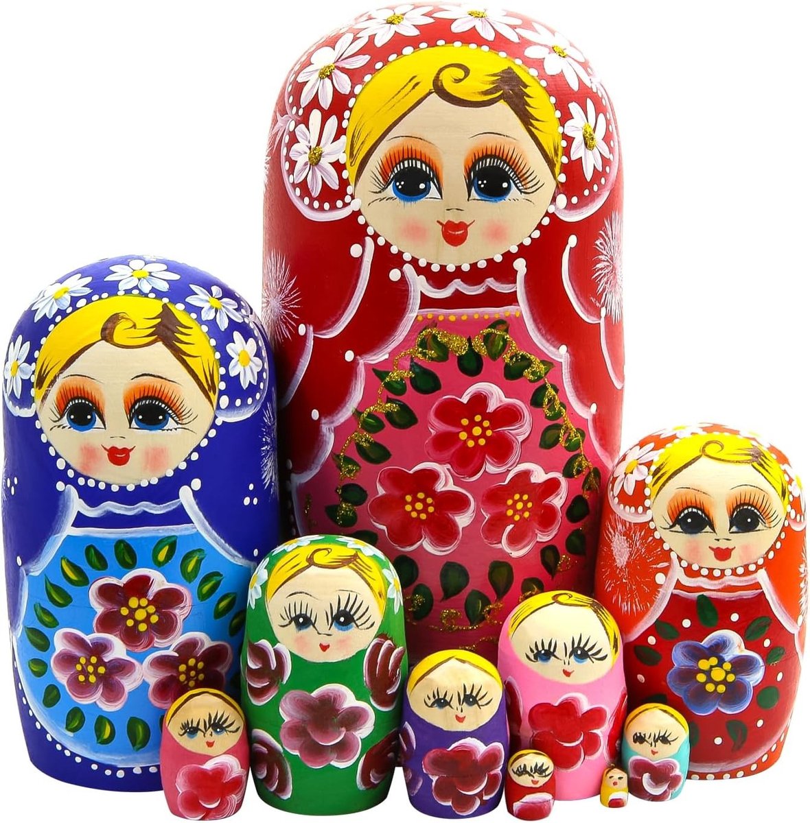 Set van 10 Kleurrijke Houten Nestpoppen, Handgeschilderde Matroesjka, Stapelbare Speelgoed voor Kinderen, Verjaardag, Kerstfeest en Thuisdecoratie