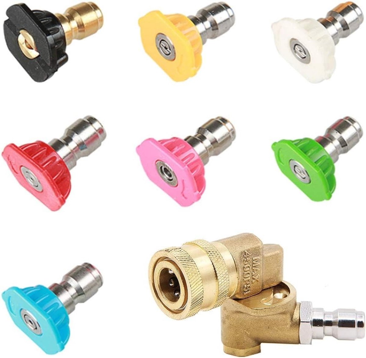 7-delige Set Snelle Ontkoppelbare Hogedrukspuit Doppen met Swivel Coupler, 4500 PSI, Ideaal voor Auto en Tuin, Perfect voor Moeilijk Bereikbare Plaatsen