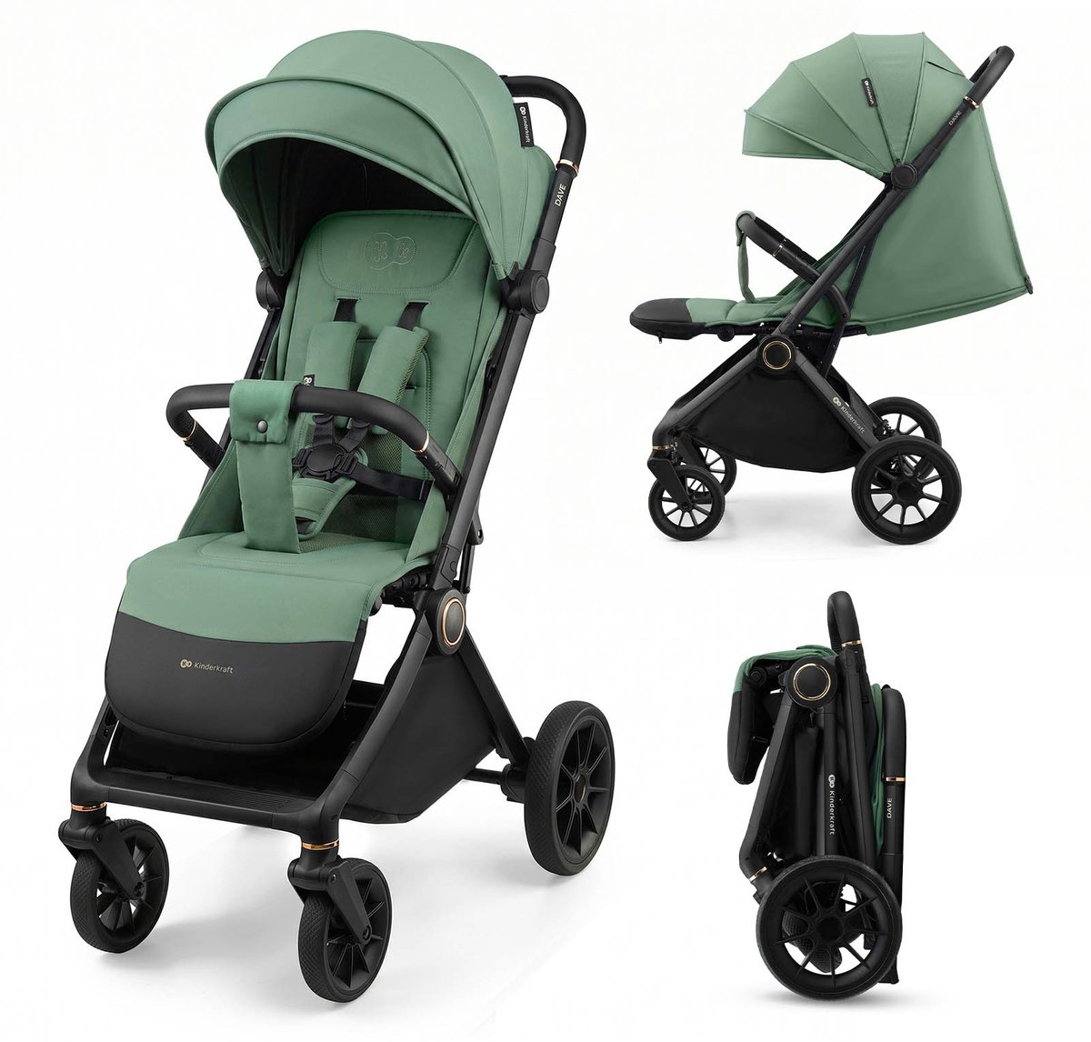 Kinderkraft DAVE - Kinderwagen - Grote geveerde wielen - UPF 50+ zonnekap - Automatisch inklapbaar - Grijs