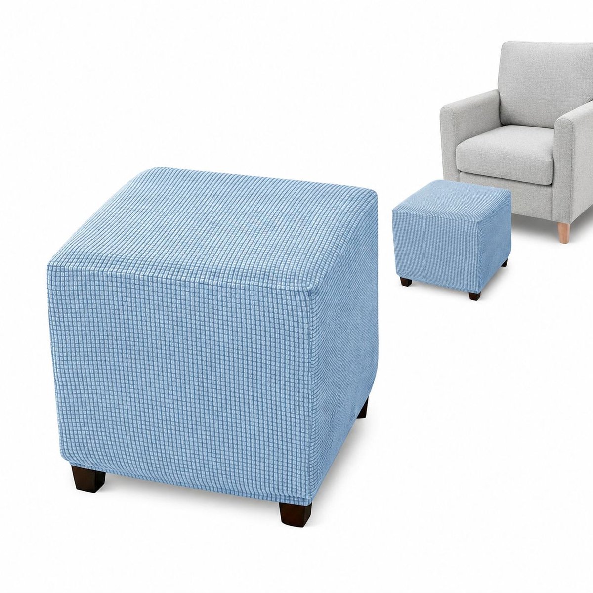 VHV - Voetenbankhoes - Stretch Hoes - Rekbare Jacquard - Geen vervorming - Comfort - Lengte 33-45,7 cm - Breedte 33-45,7 cm - Hoogte 38,1-45,7 cm - Voor Vierkante Voetenbank - Hemelsblauw