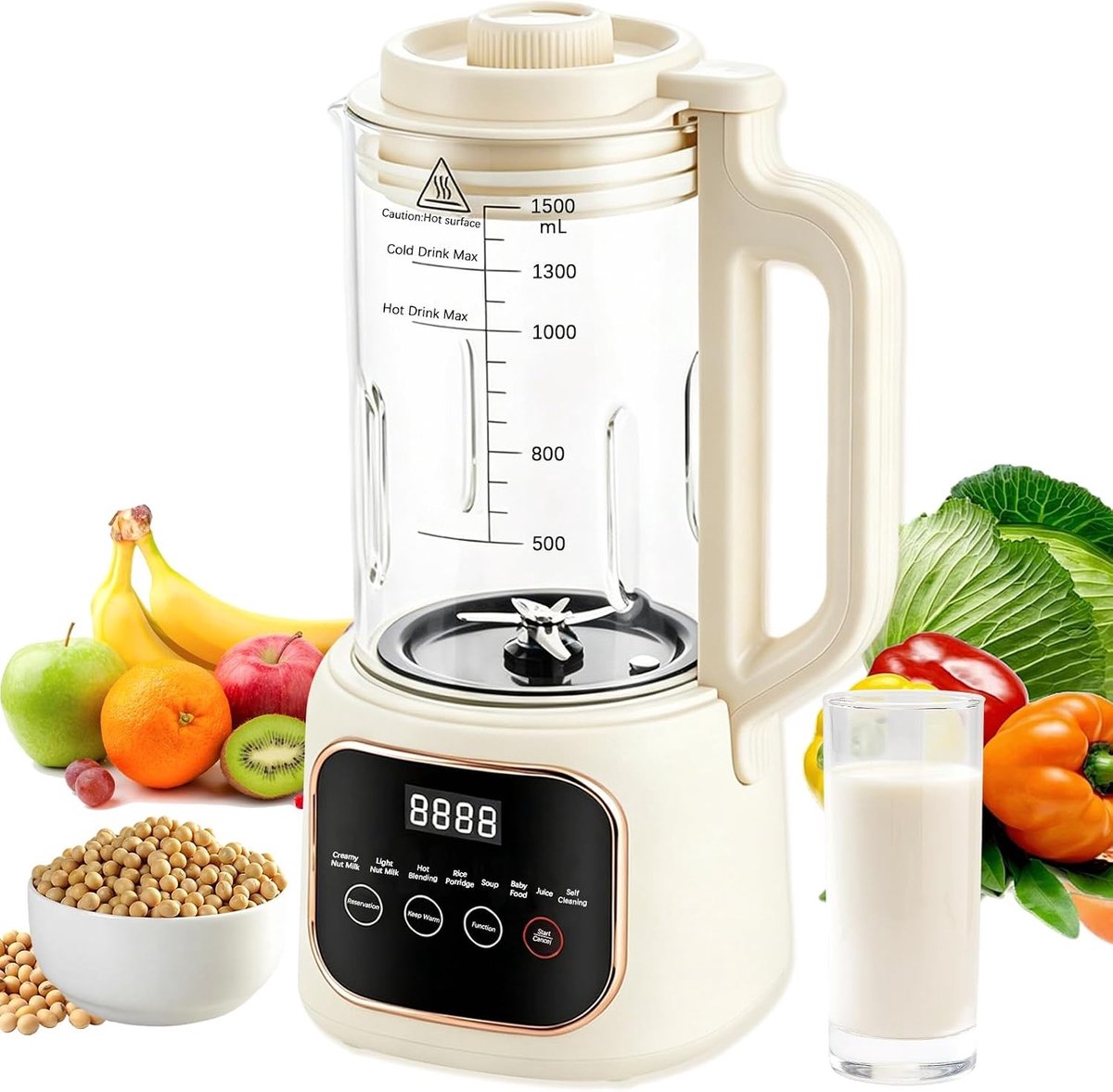 Plantenmelkmachine - Beige - 1600 ml - Automatische Sojamelkmaker met 10-in-1 Functies - Voor Gezinnen