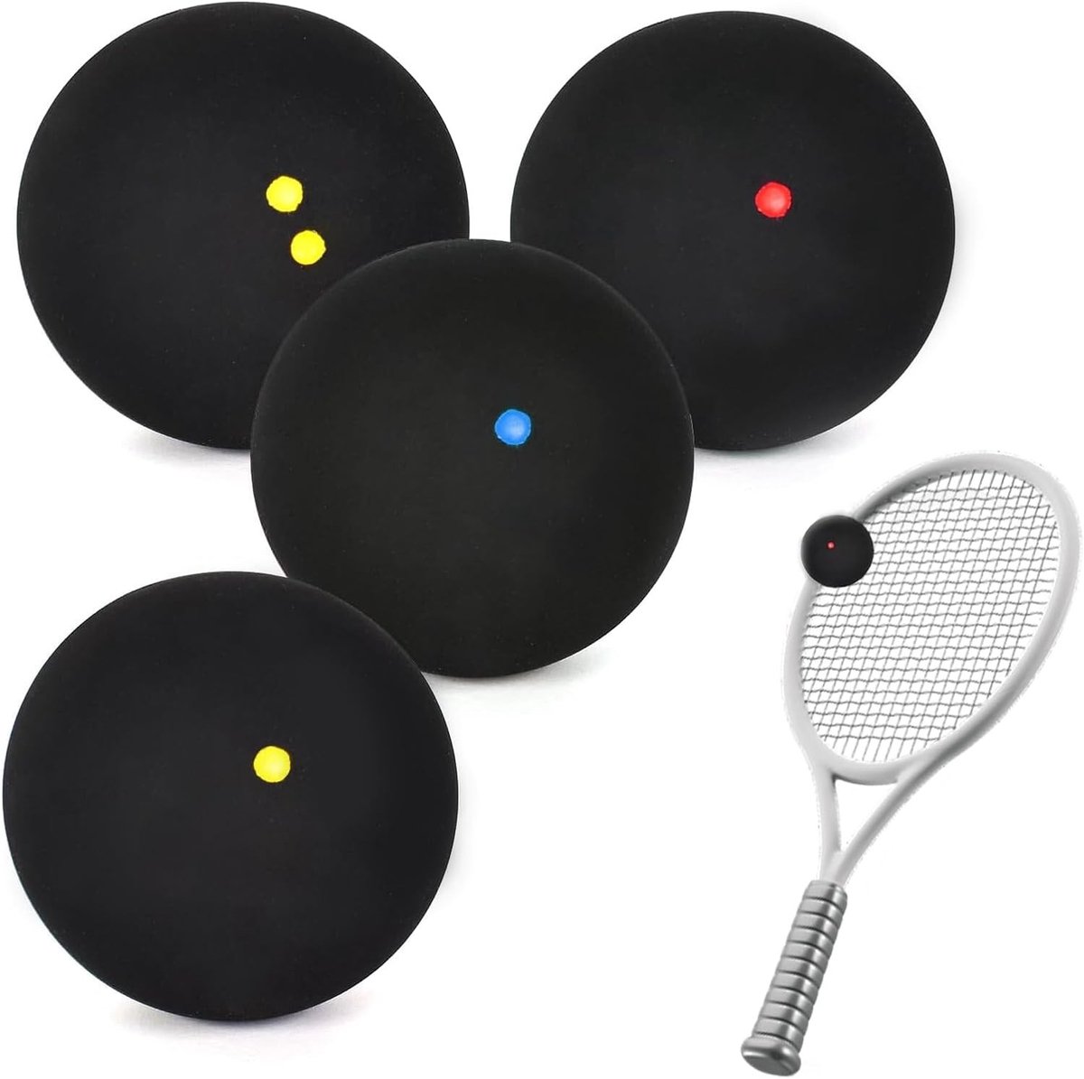 Set van 4 Squashballen in Verschillende Snelheden voor Beginners en Competities - Dubbele Gele, Enkele Gele, Rode en Blauwe Dots voor Training en Verbetering van Spelvaardigheden
